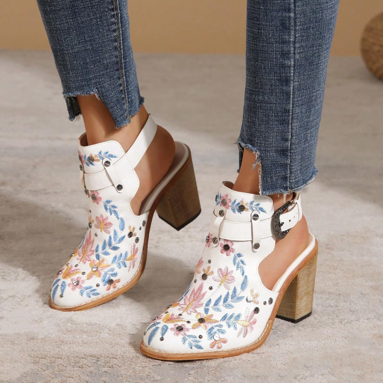 Women's Floral Embroidery Ankle Boots Buckled Backless Western Vintage Wooden Chunky Heeled Booties