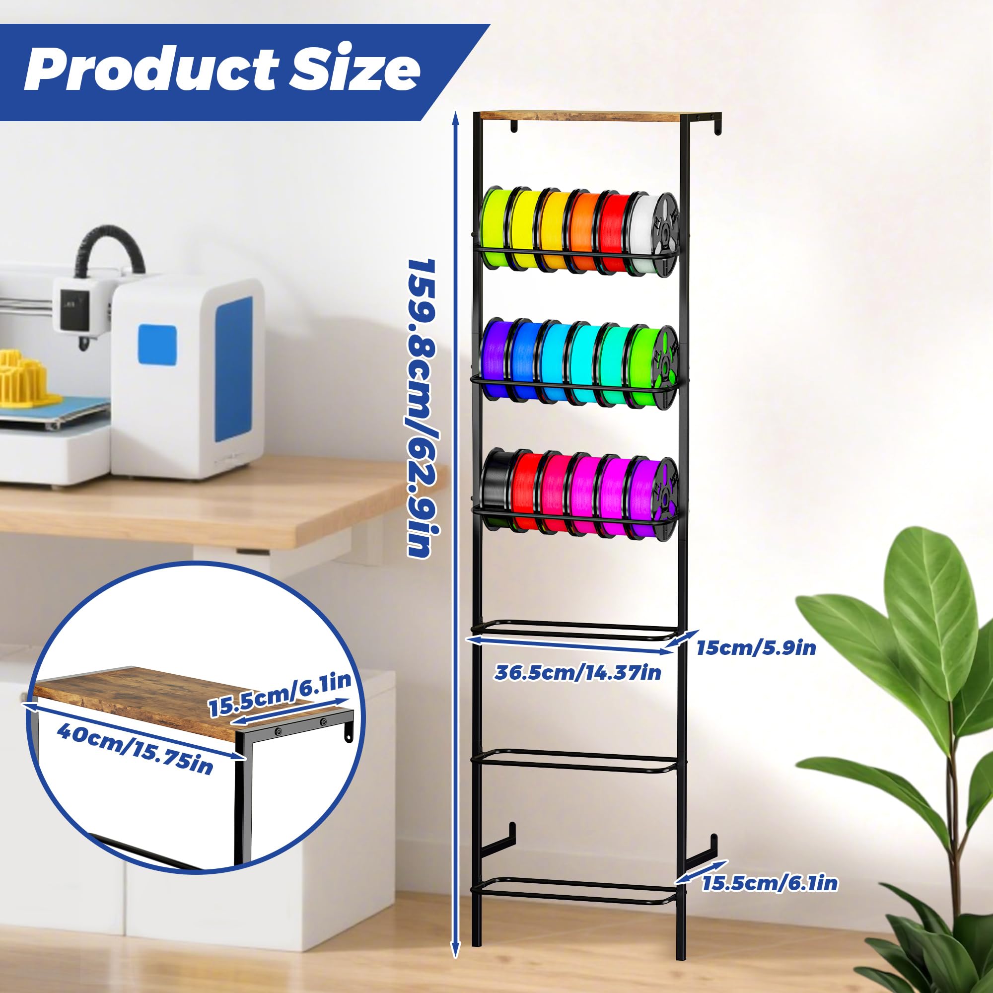 Support mural de rangement pour filament d'imprimante 3D, support de bobine de filament à 6 niveaux avec plateau en bois supérieur, support de rangement de filament en métal robuste pour