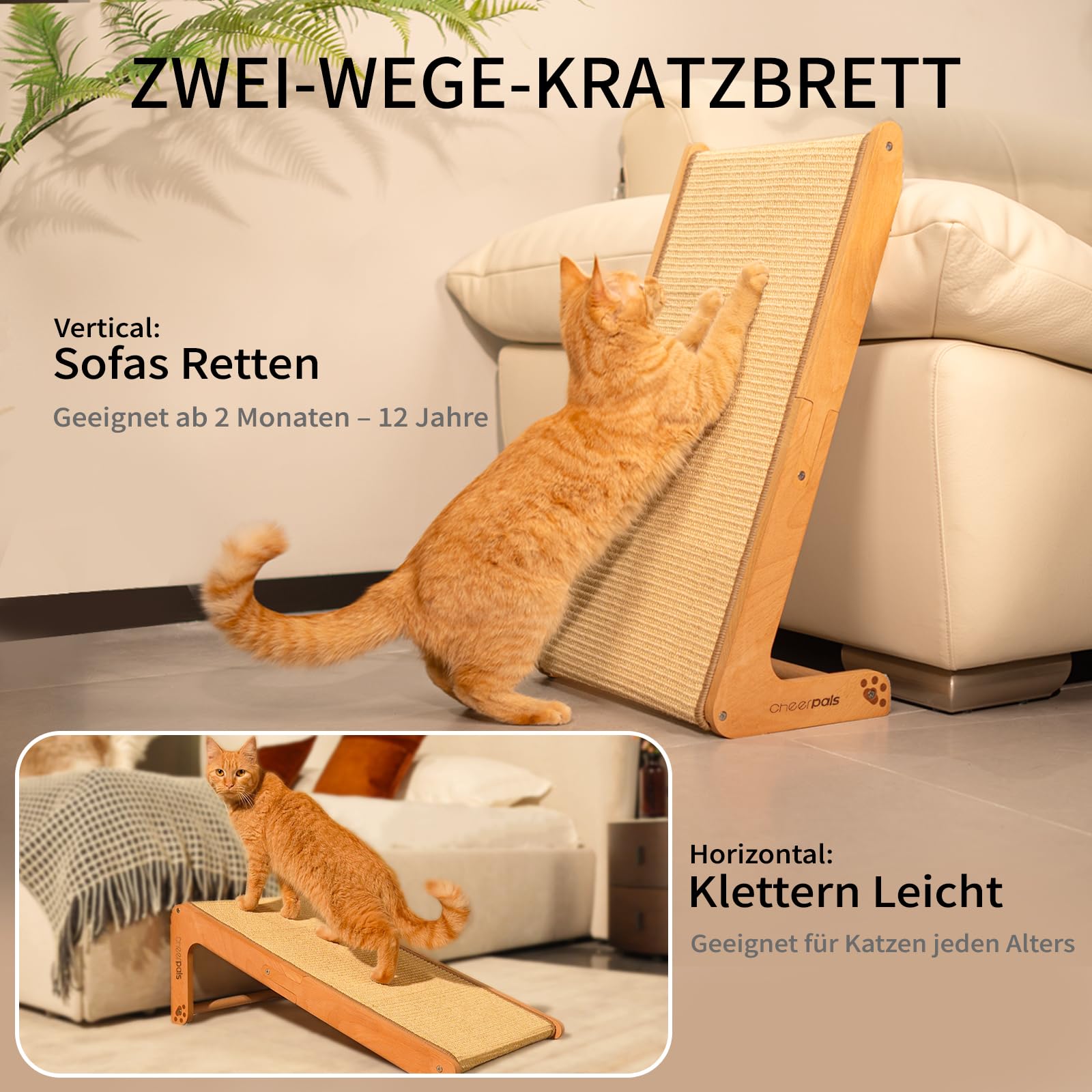 CheerPals Dual-Use Sisal Kratzbrett Katzen- Large 63cm H, Massivholz Buche & Natürliche Sisal Kratzsäule Katze, L-förmige Kratzmöbel für alle Katzen Spielen, Entspannen