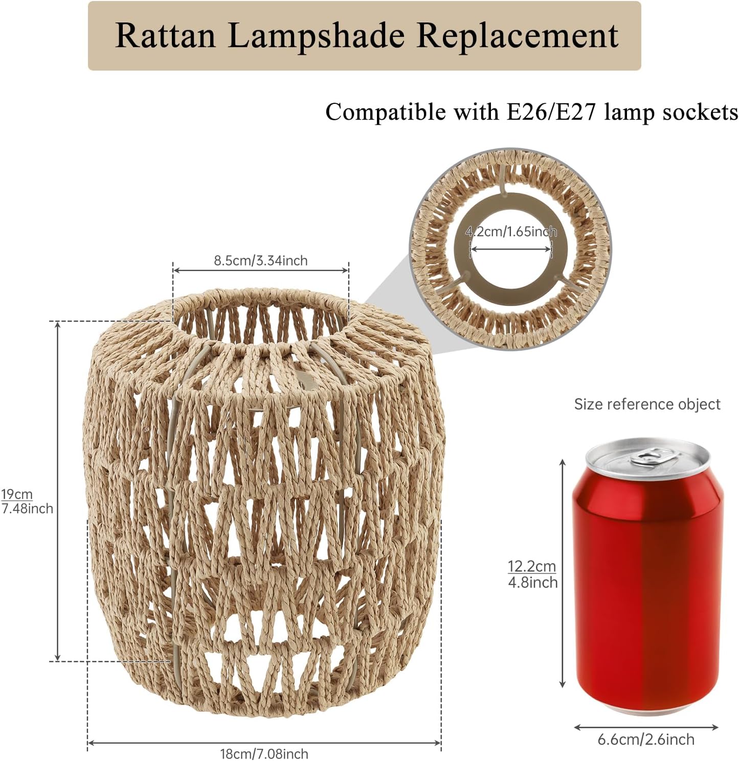 RTNLIT Handmade Woven Lampshade Replacement 7.08" D×7.48" H, Retro Boho Rattan Lamp Shade for Table Floor Pendant Light, Small Natural Wicker Lampshade for Home Decor