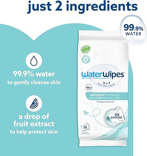 Miniatura 4 de WaterWipes Sensitive+ On The Go Wipes, 3 en 1 limpia, cuida, protege, 99.9% de agua, toallitas húmedas hipoalergénicas y sin perfume, 28 unidades