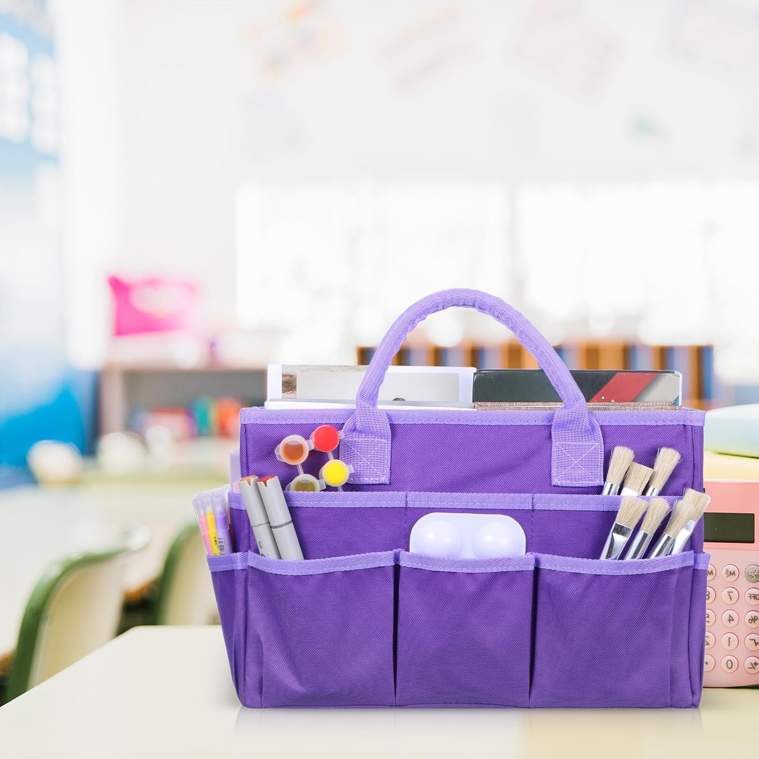 2 Pcs Craft Organizer Tote Bag, Art Storage Caddy with Multiple Pockets Oxford Fabric Carrying Caddy, Sewing Bag for Art, Craft, Scrapbooking, School and Office Supplies Storage, Black/Purple image 5 of 7 B0FB3QRKL6