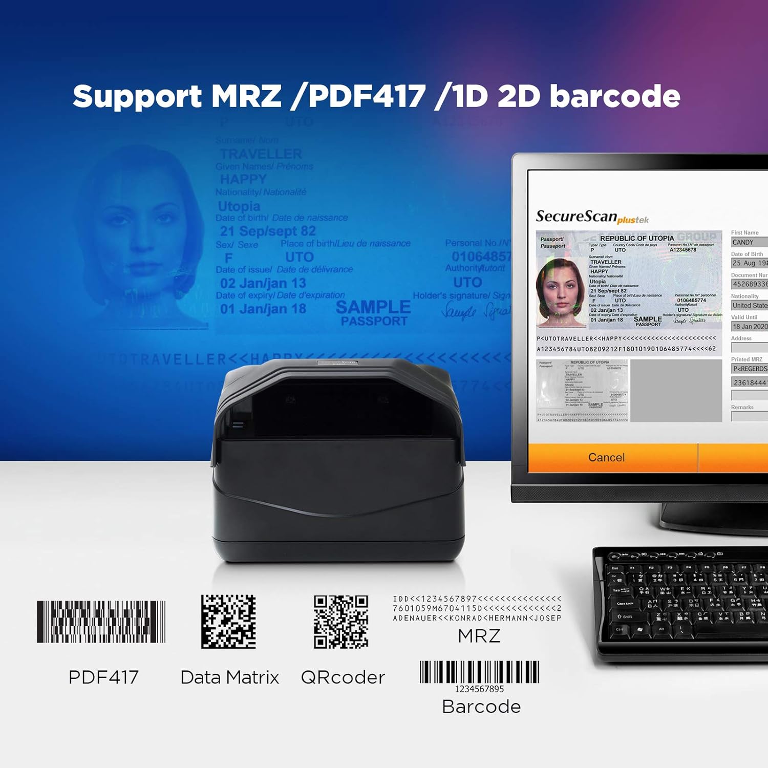 Plustek Passport/Driver License Scanner X-Mini, Visible and IR, Compliant with ICAO Doc 9303 / MRTDs (Includes Manager Software and Support SDK)