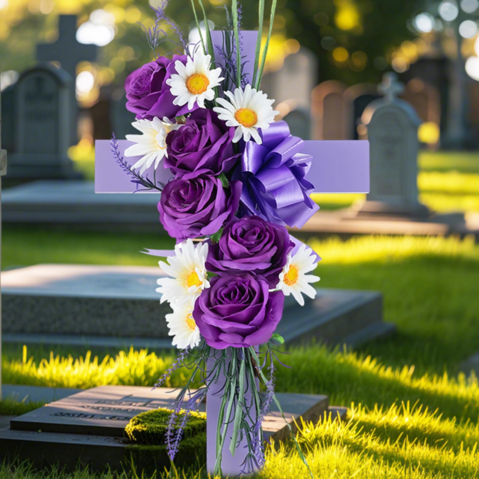 Cross for Cemetery Grave with Flowers: Outdoor Grave Decorations - 1Pc Purple Roses Artificial Flowers Memorial Wooden Cross image 2