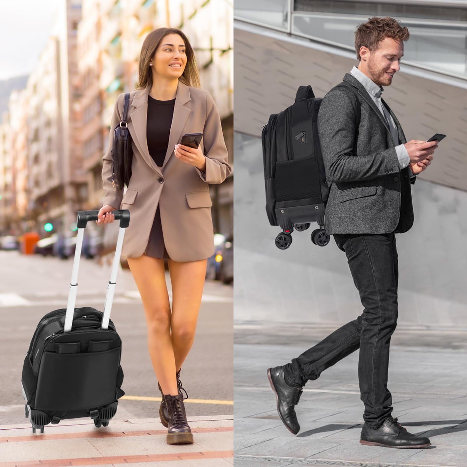 360° rotating water resistant rolling backpack with 4 removable wheels for adults,airline approved carry on luggage fit 15.6 inch laptop travel backpack with usb charging port