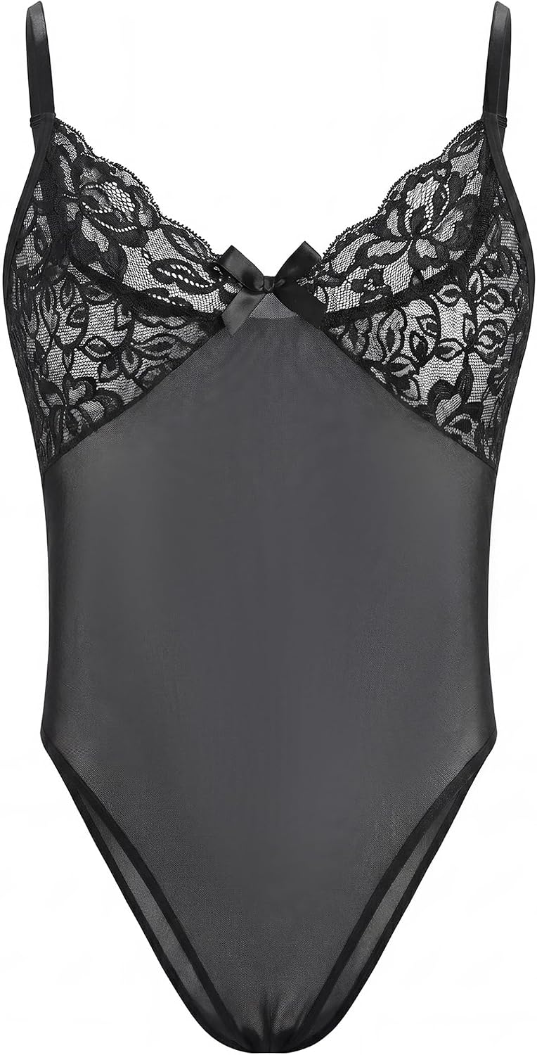 ABAFIP Men's Sheer Mesh Lace Bodysuit, See-Through Cami Leotard Top, Clubwear, Crossdress Lingerie