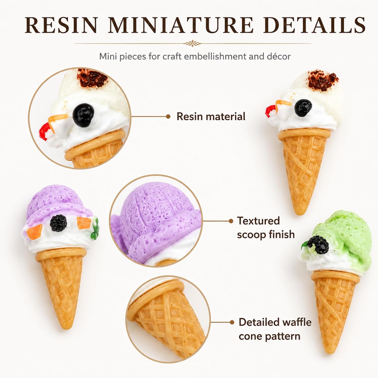LuvireQC 27Pcs 3D Mini Resin Ice Cream Cones for Decoden Crafts | 27 mini 3D no-hole resin ice cream cone pieces in mixed colors for decoden phone cases, slime, dollhouse and DIY crafts