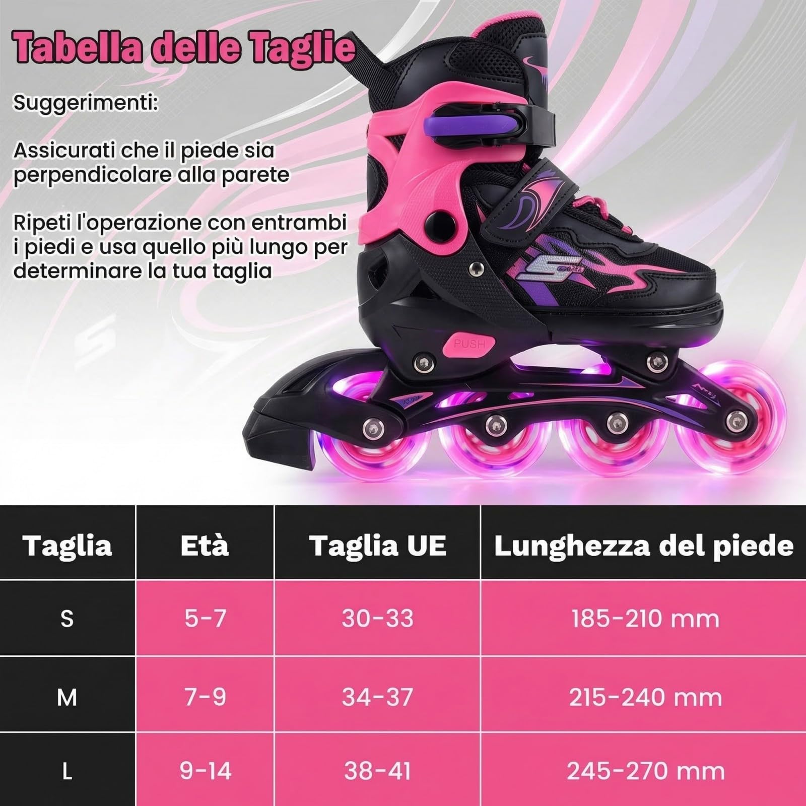 COSTWAY Pattini in Linea a 4 Ruote per Bambini Regolabili 4 Taglie con Luci e Protezione 5-14 Anni