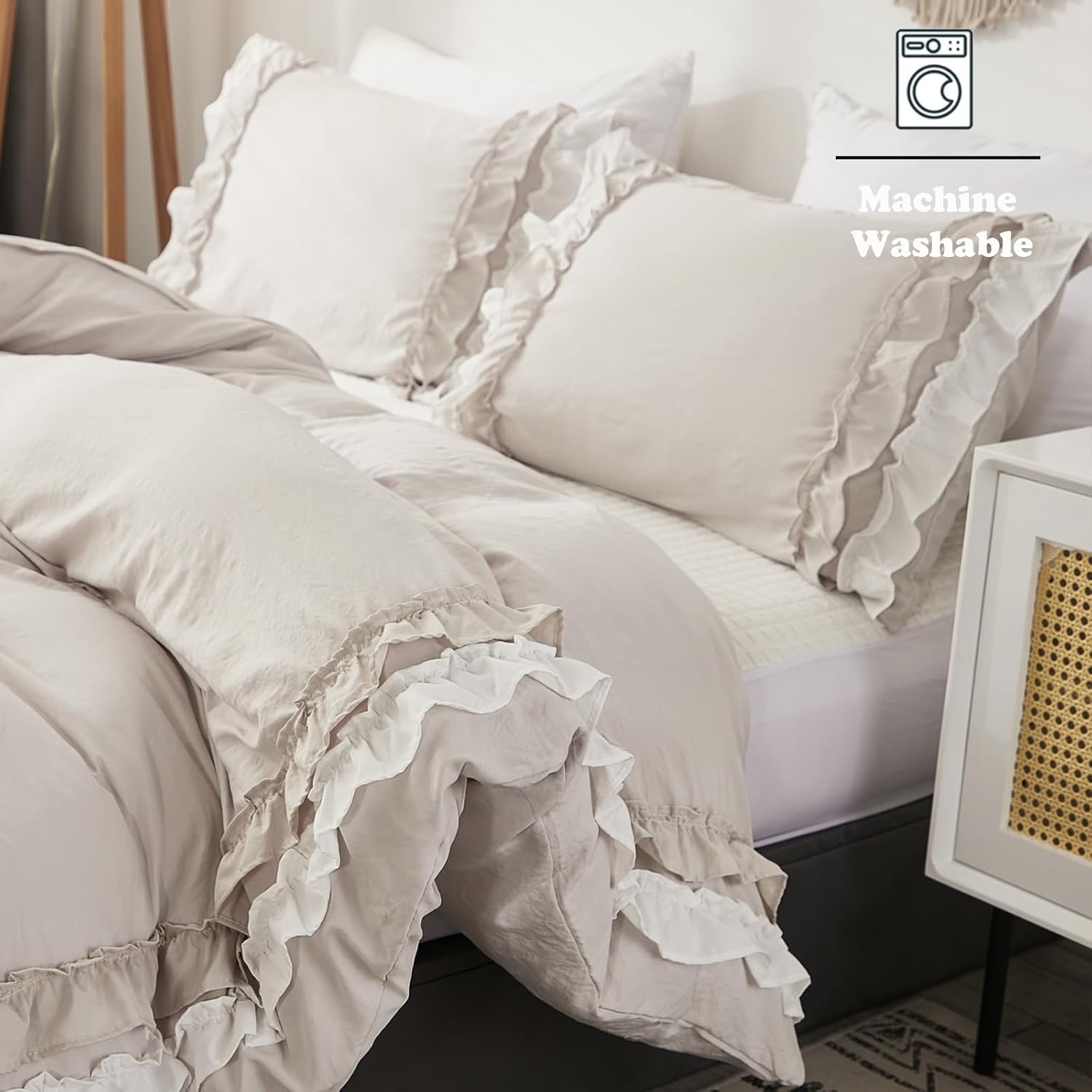 Bedorm Beige Duvet Cover Set Queen Ruffle Bedding Set Pleat Ruffled Shabby Chic Comforter Cover Extra Soft & Easy Care White Boho Duvet Cover with Zipper Closure