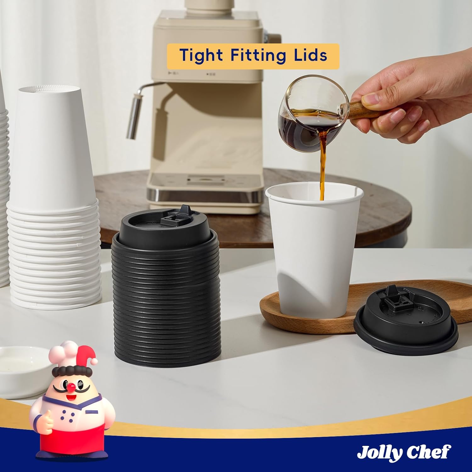 JOLLY CHEF 300 Pack Black Coffee Cups Lids 3.6'', Disposable Plastic Lids for 10, 12, 16, 20 oz Paper Coffee Cups (90 mm) - Image 5