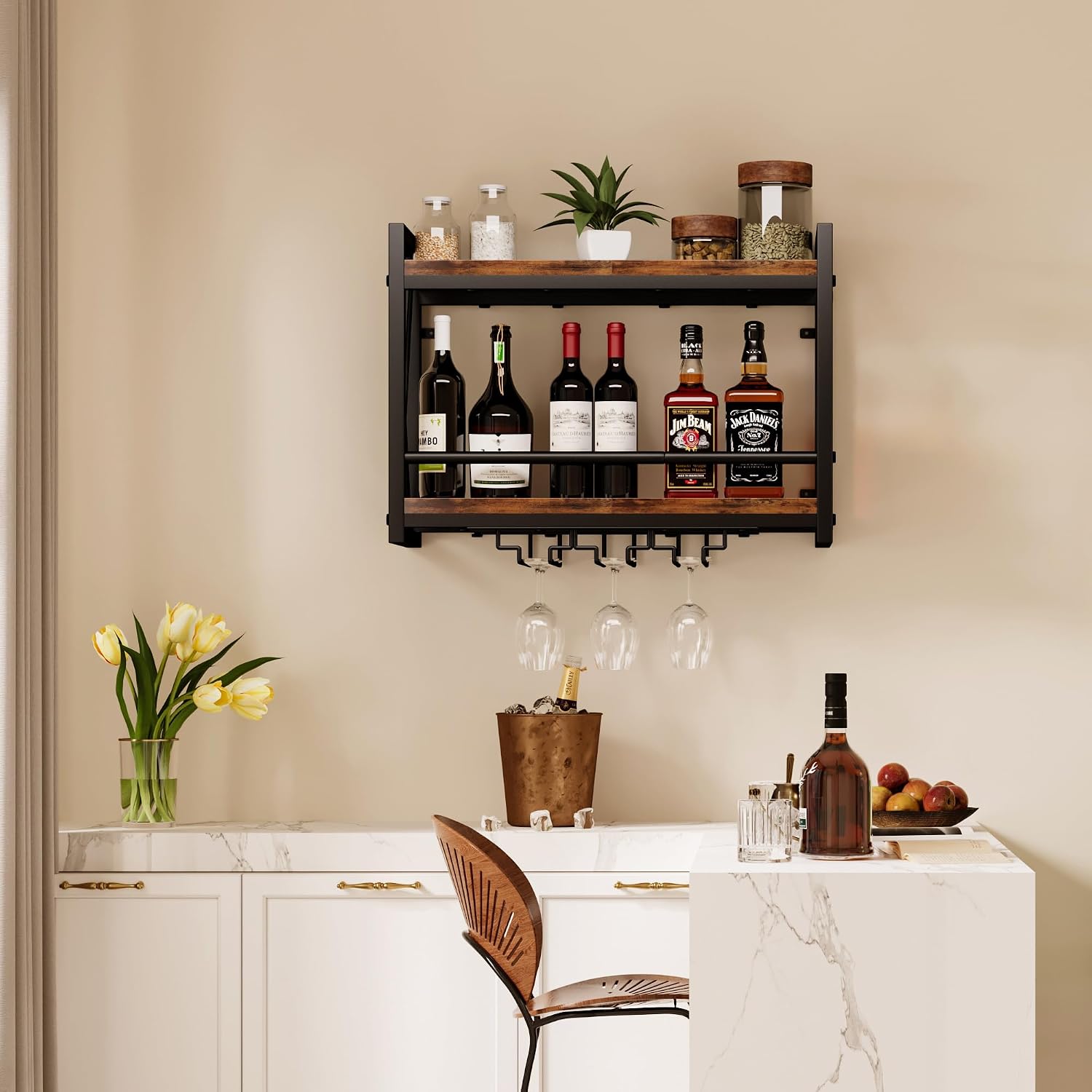 Homeiju Wall Mounted Wine Rack, Bottle & Glass Holder Wood-Metal Retro Wine Rack, Wine Bottles Display Wall Storage for Kitchen Dining Room Home Bar