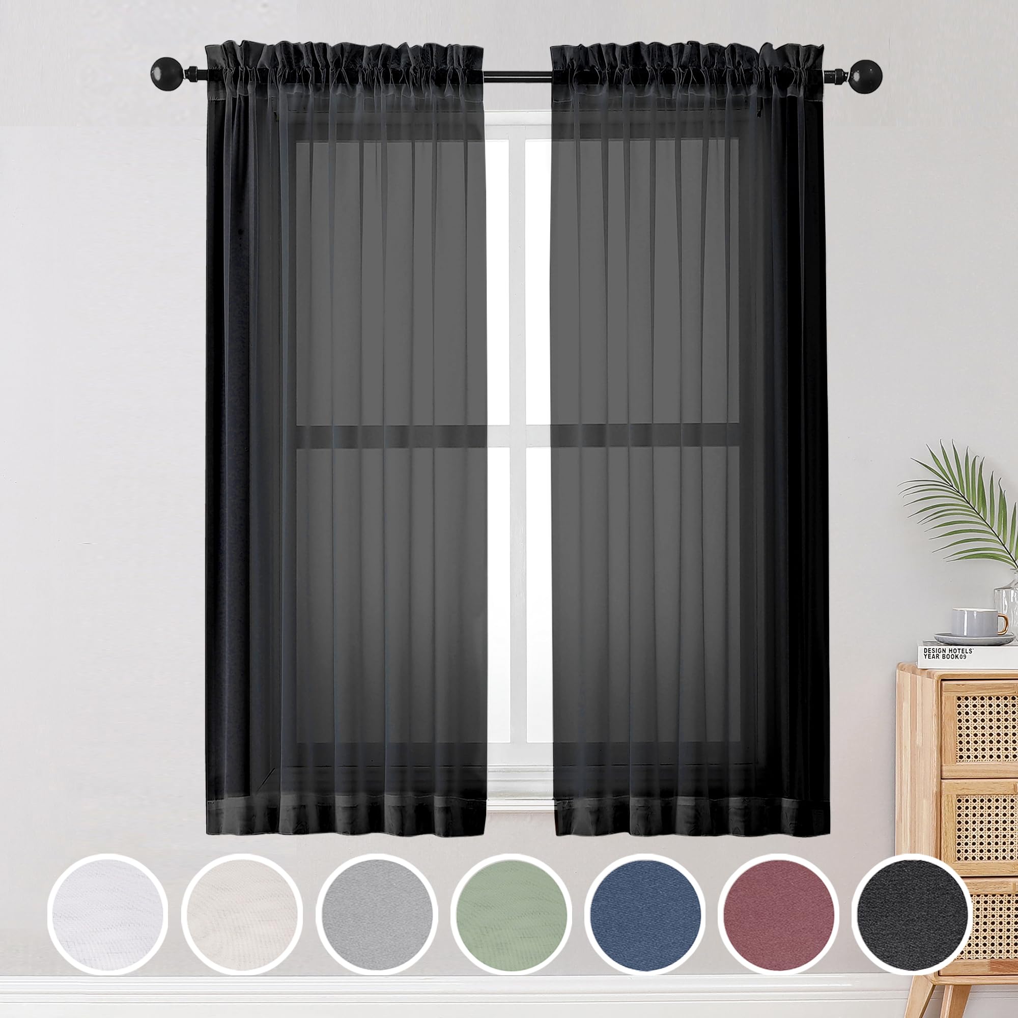 Black Sheer Curtains, Sheer Curtains 63 inch Length 2 Panels Set, Rod Pocket Voile Fimly Sheer Drapes for Living Room/Bedroom, 2pcs, Each 42" W x 63" L, Black