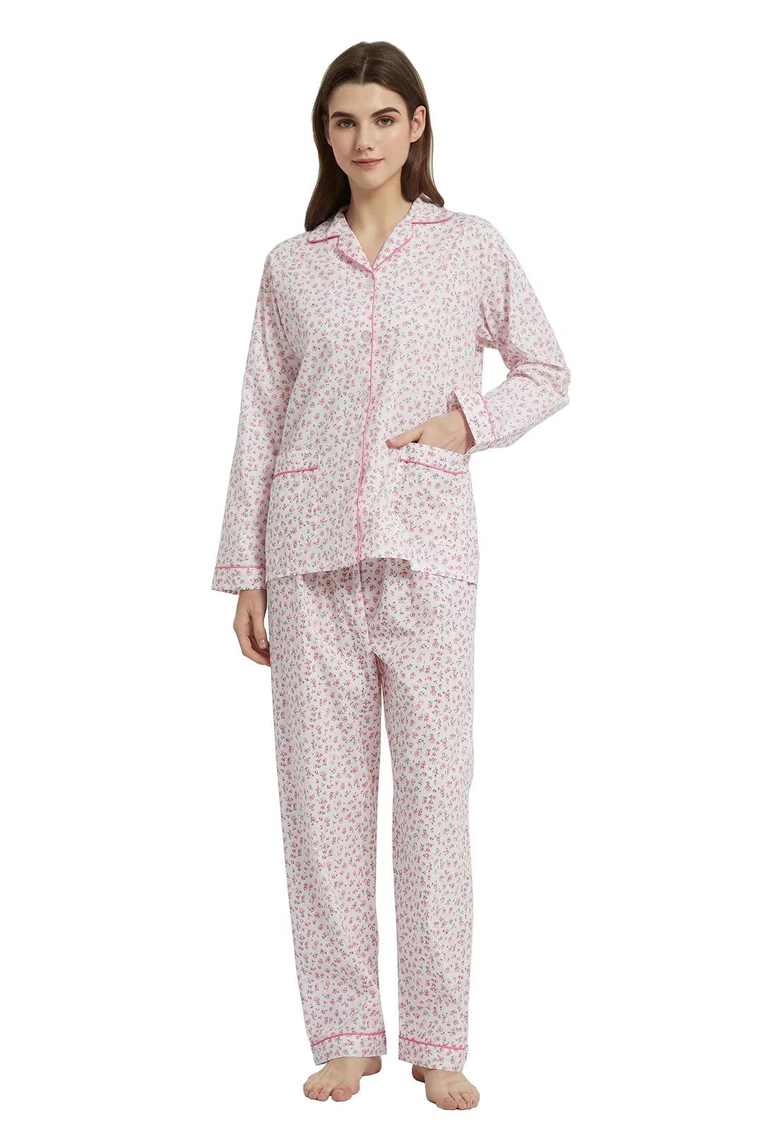 Amaxer Conjunto de pijama para mujer, 100 % algodón, manga larga, suave, con botones, elástico y cordón
