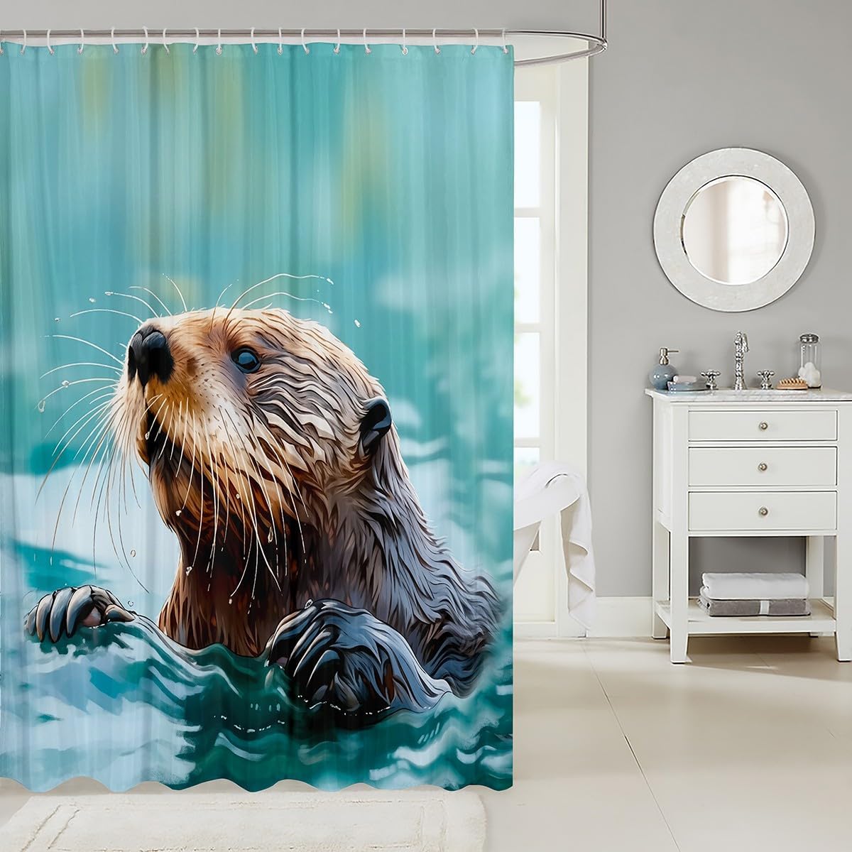 Sea Otter Waterproof Shower Curtains Ocean Underwater Animal Pattern Fabric Bathroom Shower Curtain Boys Girls Marine Life Themed Shower Curtain with Hooks Nature Theme Decor Curtain,72x84 Inches