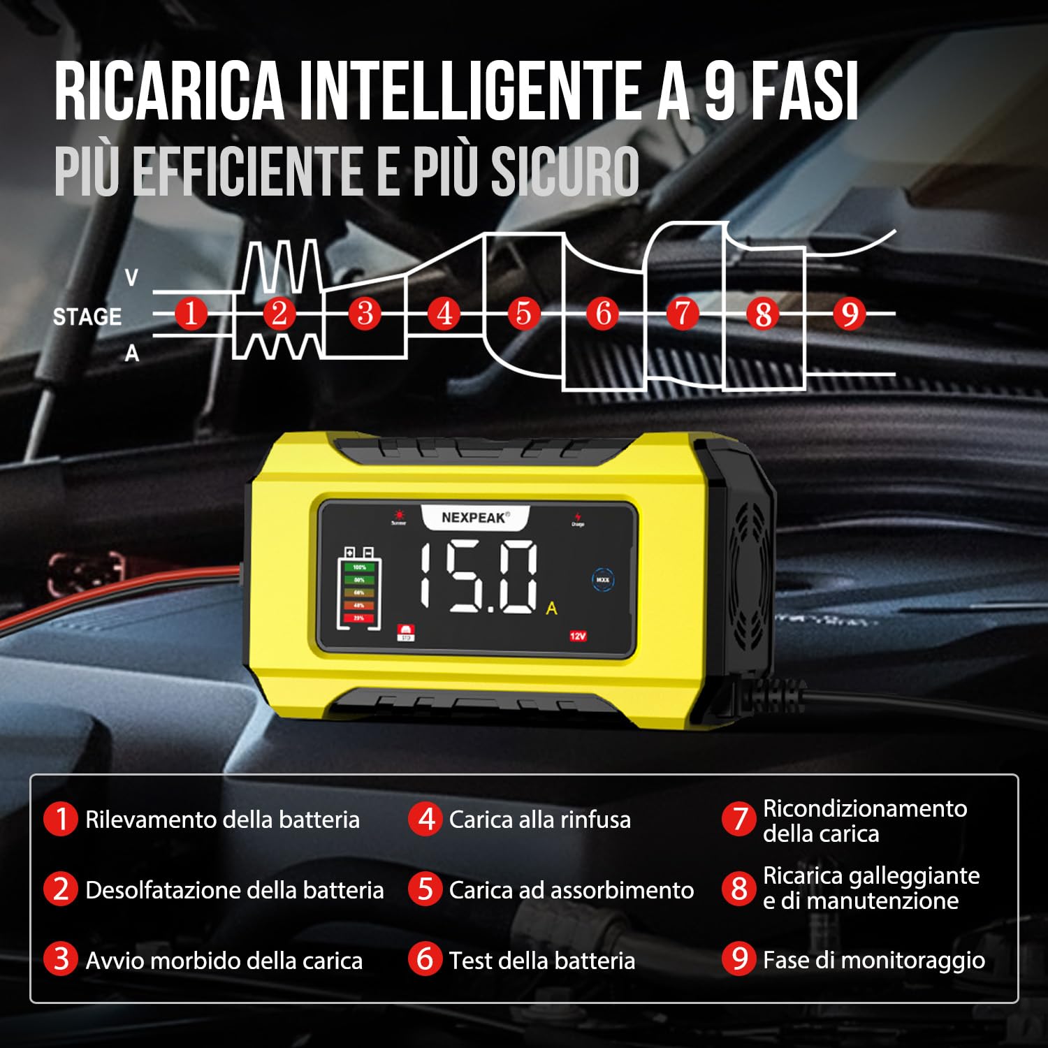 15A Caricabatterie per Auto, NEXPEAK 12V 15A/24V 8A Caricabatterie Intelligente con Compensazione Della Temperatura per Auto, AGM, Gel, Wet, SLA per Batterie Piombo-acido e LiFePO4