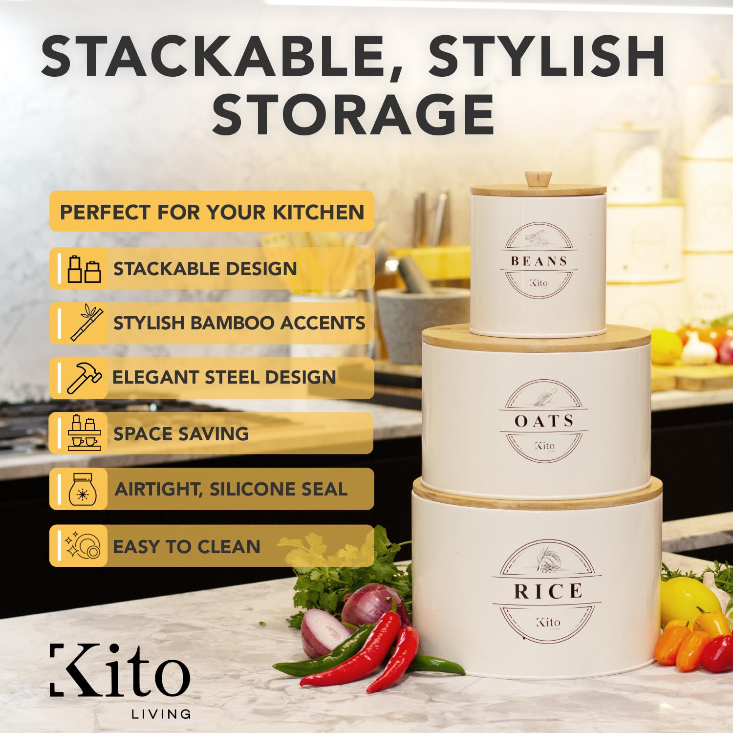 Kito LIVING Contenedores de almacenamiento de avena y arroz de frijol con tapas herméticos, almacenamiento de alimentos organización despensa cocina bujes con tapas de bambú, apilables y