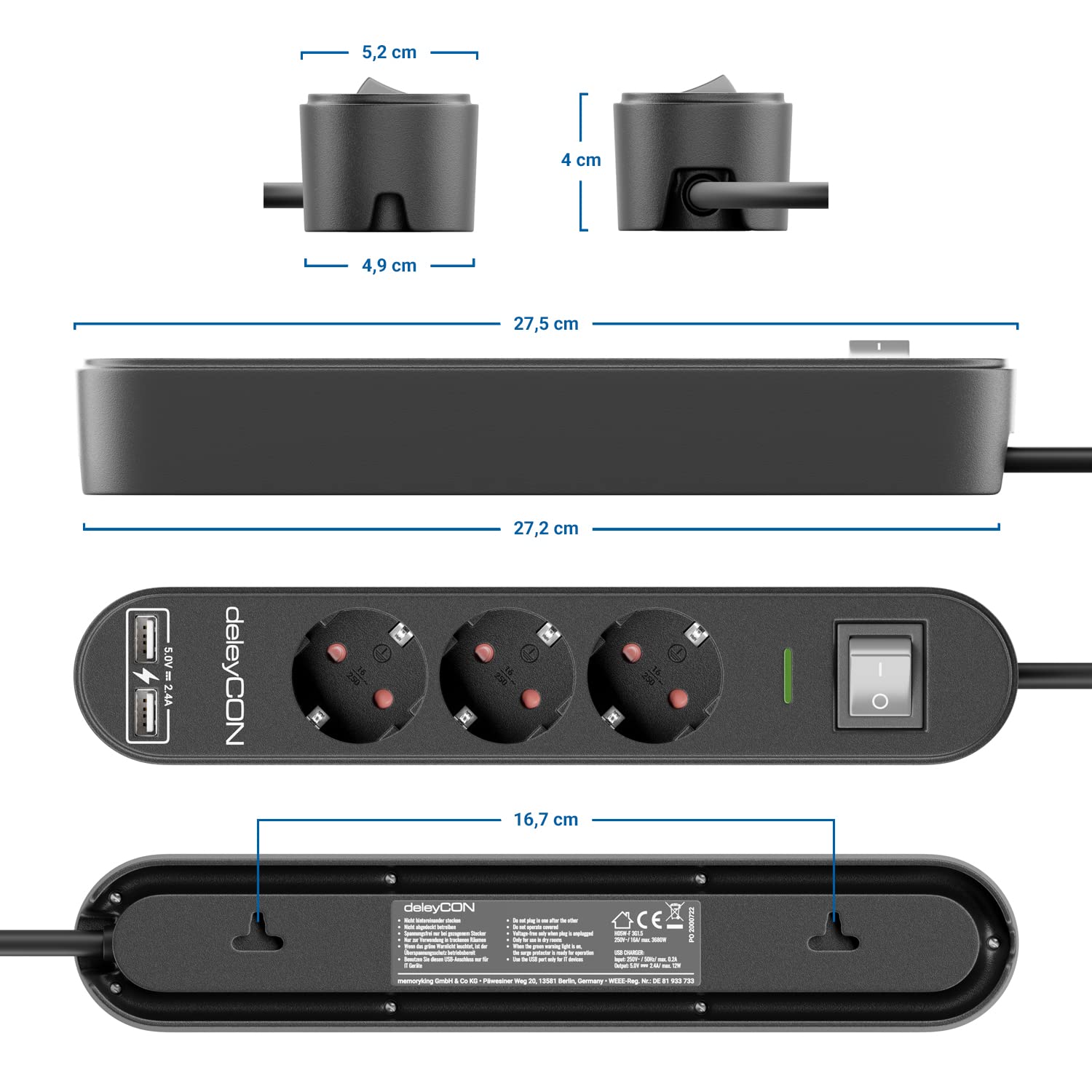 deleyCON Regleta con 5 m, Tres Tomas, Puertos USB, Dos Salidas USB-A para Cargar Móvil y Tableta, Protección contra Sobretensión, Interruptor, Negro — view 6