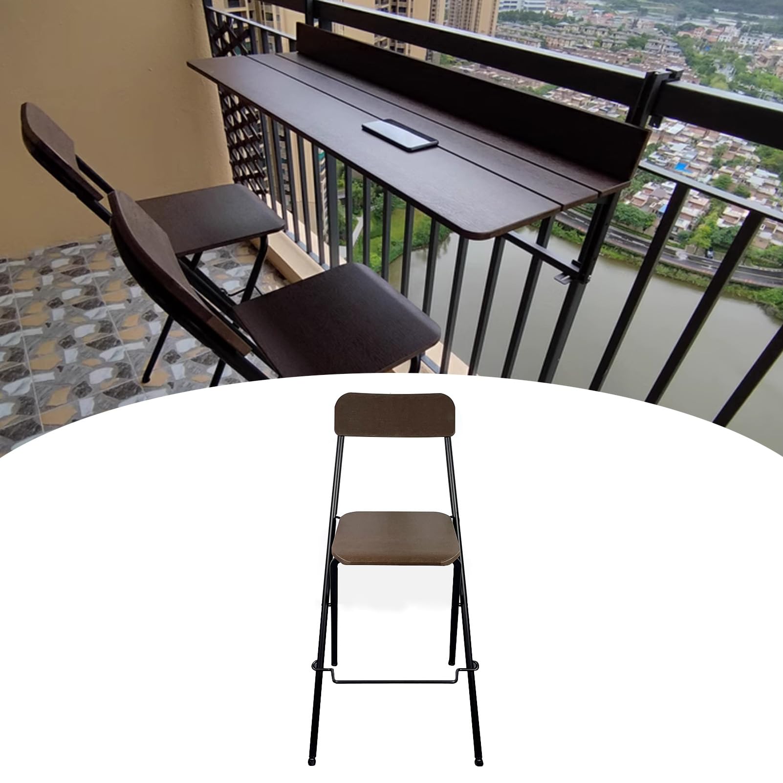 Mesa plegable de pared, plástico y aluminio con aspecto de madera, mesa de comedor y bar, soporte para maceta para balcón y jardín, perfecta para soluciones de ahorro de espacio