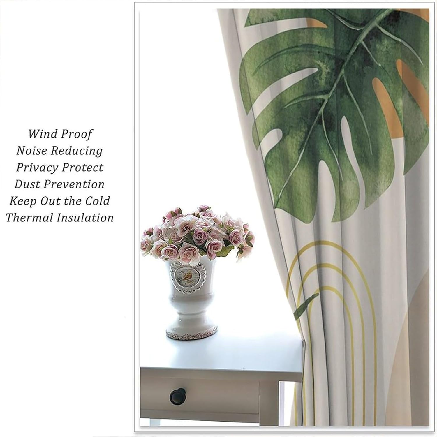 Green Leaf Mid Century Kitchen Curtains Abstract Boho Tropical Palm Leaves Plant Decor Minimalist Bohemian Colorful Botanical Modern Window Drapes W84*L84 Inch Blackout