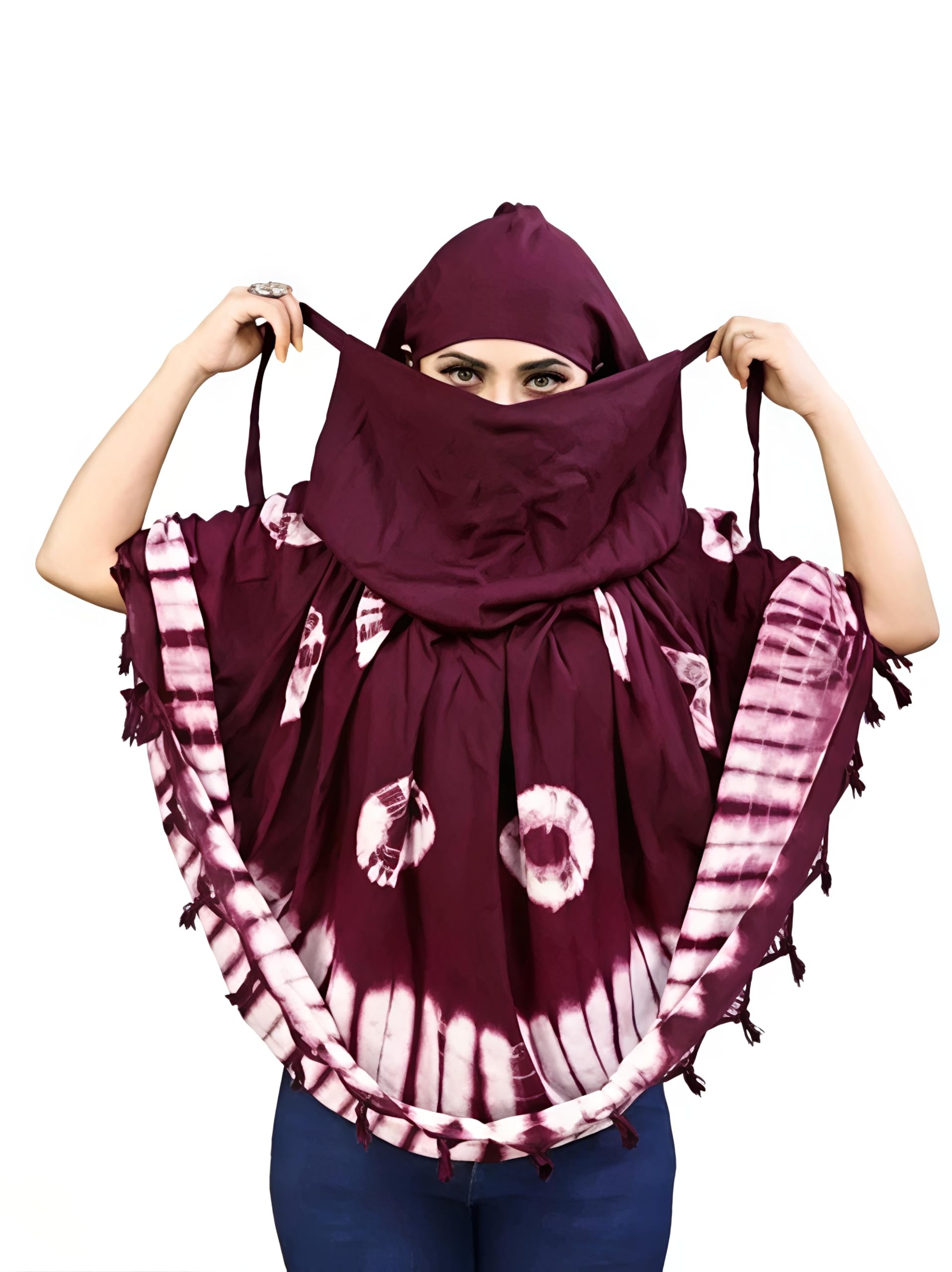 Tie-Dye Scarf for Women, Maroon and White, Hijab Style with Tassels-image-36