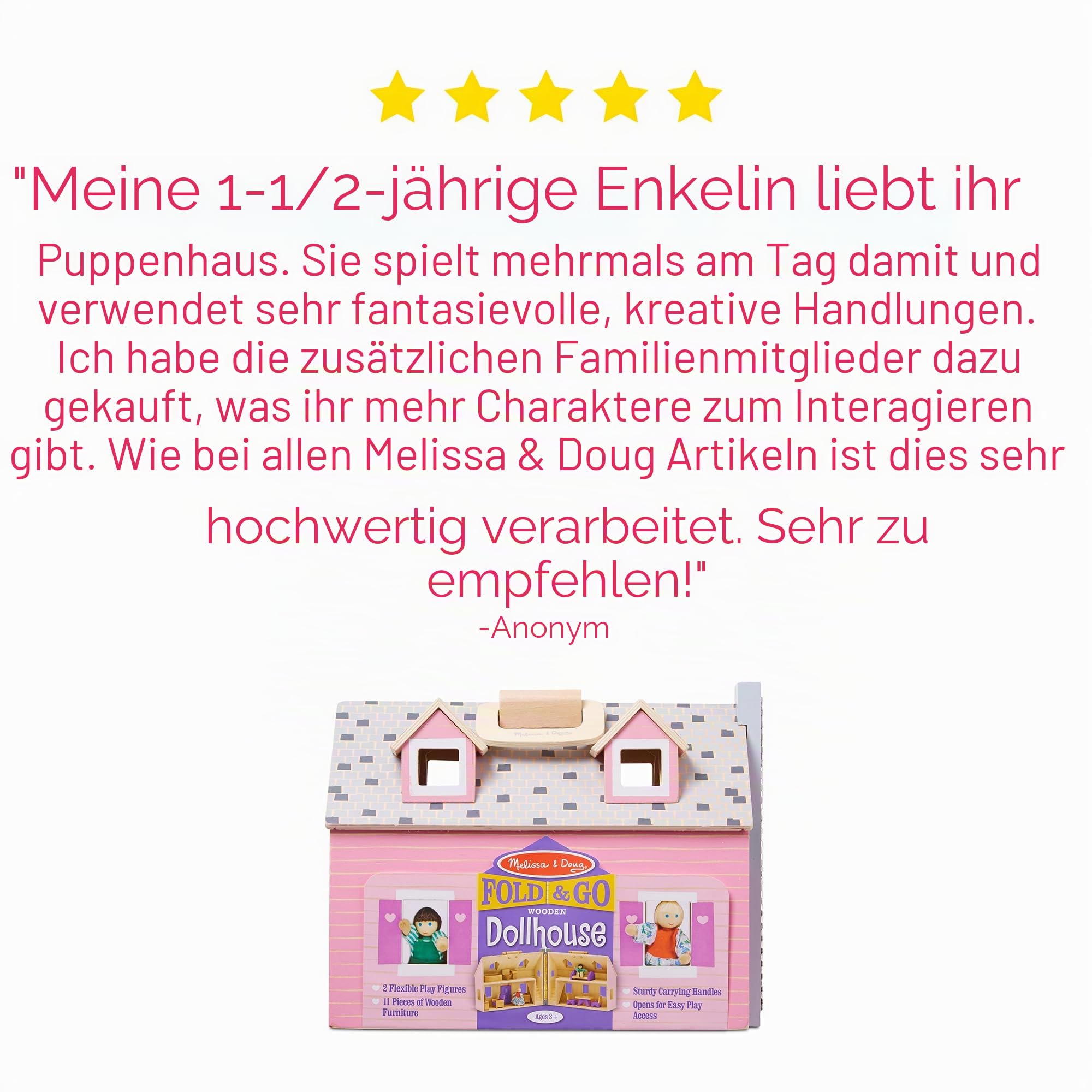 Melissa & Doug - Puppenhaus zum Aufklappen und Mitnehmen - 14-teiliges Puppenhausspielset mit funktionstüchtiger Tür, Möbeln und beweglichen Figuren, für Kinder ab 3 Jahren