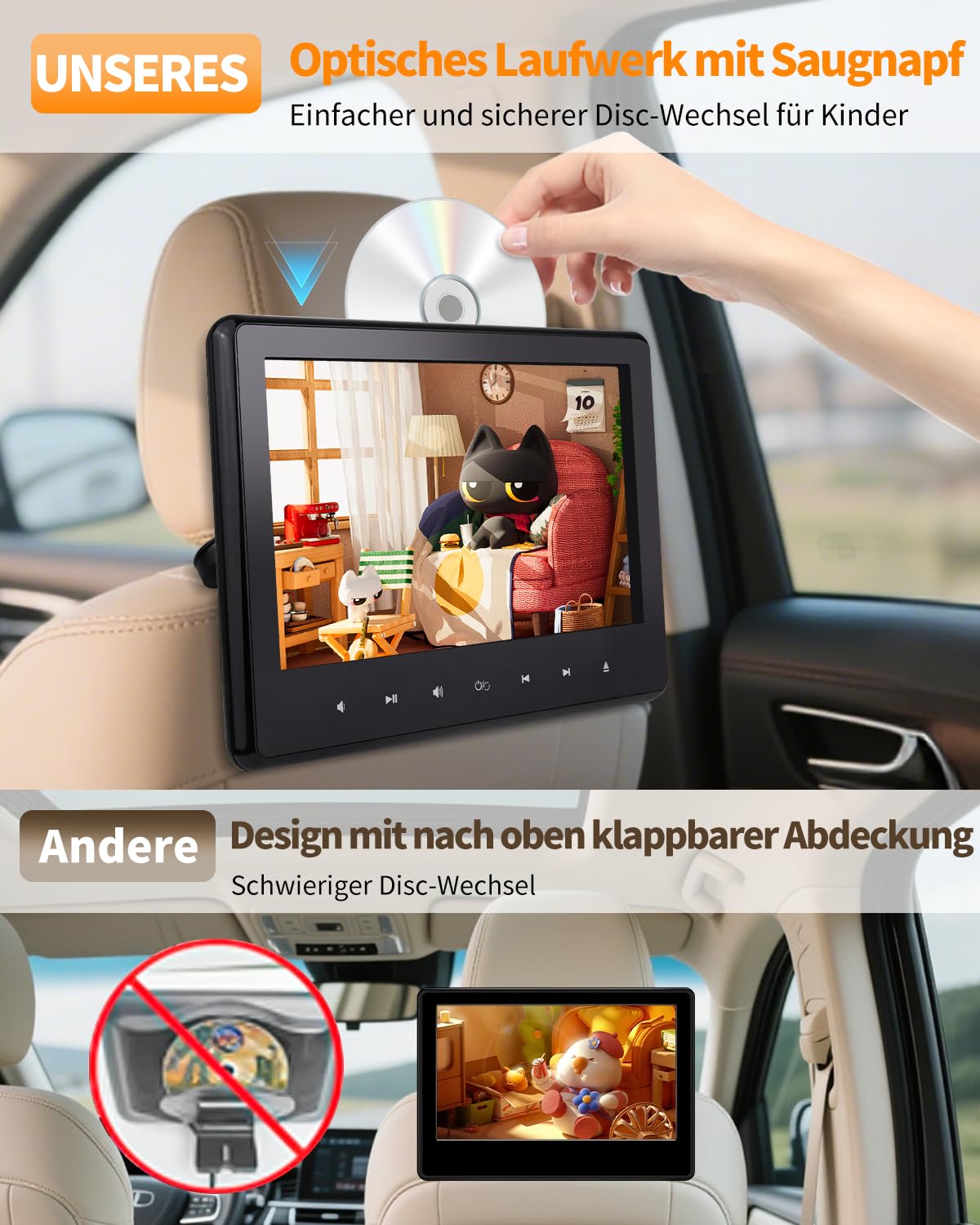 10,1" DVD Player Auto mit HDMI-Eingang, Tragbarer Auto DVD-Player mit Kopfstützenhalterung, Disc-Eingang mit Saugnapf, Unterstützt Letzter Speicher, USB/TF-Karte