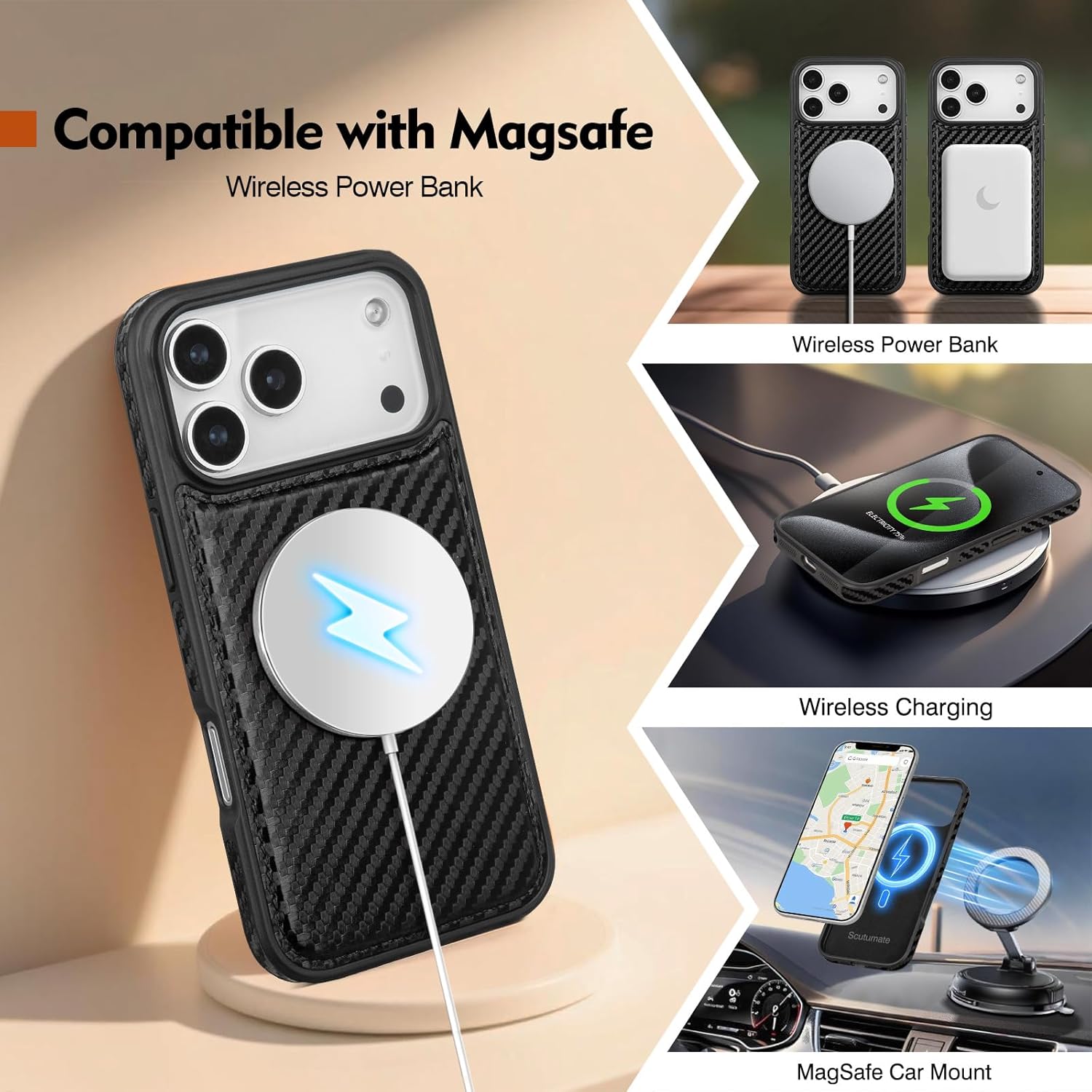 Compatible with MagSafe iPhone 17 Pro Max Case Wallet with AirTag Holder,Men Women Magnetic Detachable 2 in 1 PU Leather RFID Blocking Credit Card Holder Flip Cover Kickstand,Carbon Black - Image 3