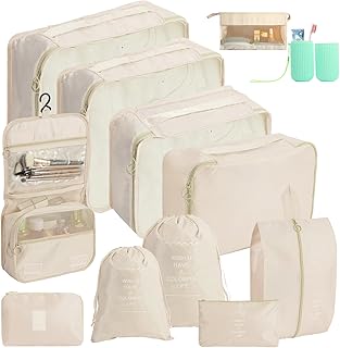 12 PCS Packing Cubes for Suitcase, Waterproof Luggage Packing Organizers for Travel Essentials Luggage Organizer Bags for Carry on Suitcases, Beige