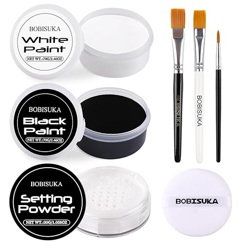 BOBISUKA Pintura facial en blanco y negro + polvo de fijación + 3 pinceles de artista, kit de pintura facial para adultos, gran capacidad, paleta de