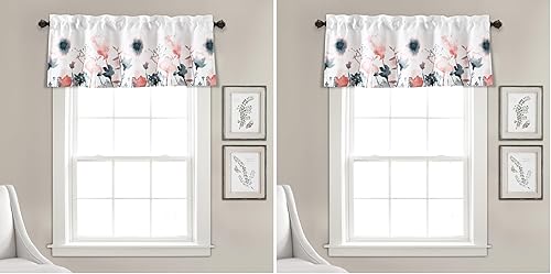 Lush Decor Zuri Flora - Cenefa para cortina con filtro de luz, 18 pulgadas de largo x 52 pulgadas de ancho, azul y coral (paquete de 2)
