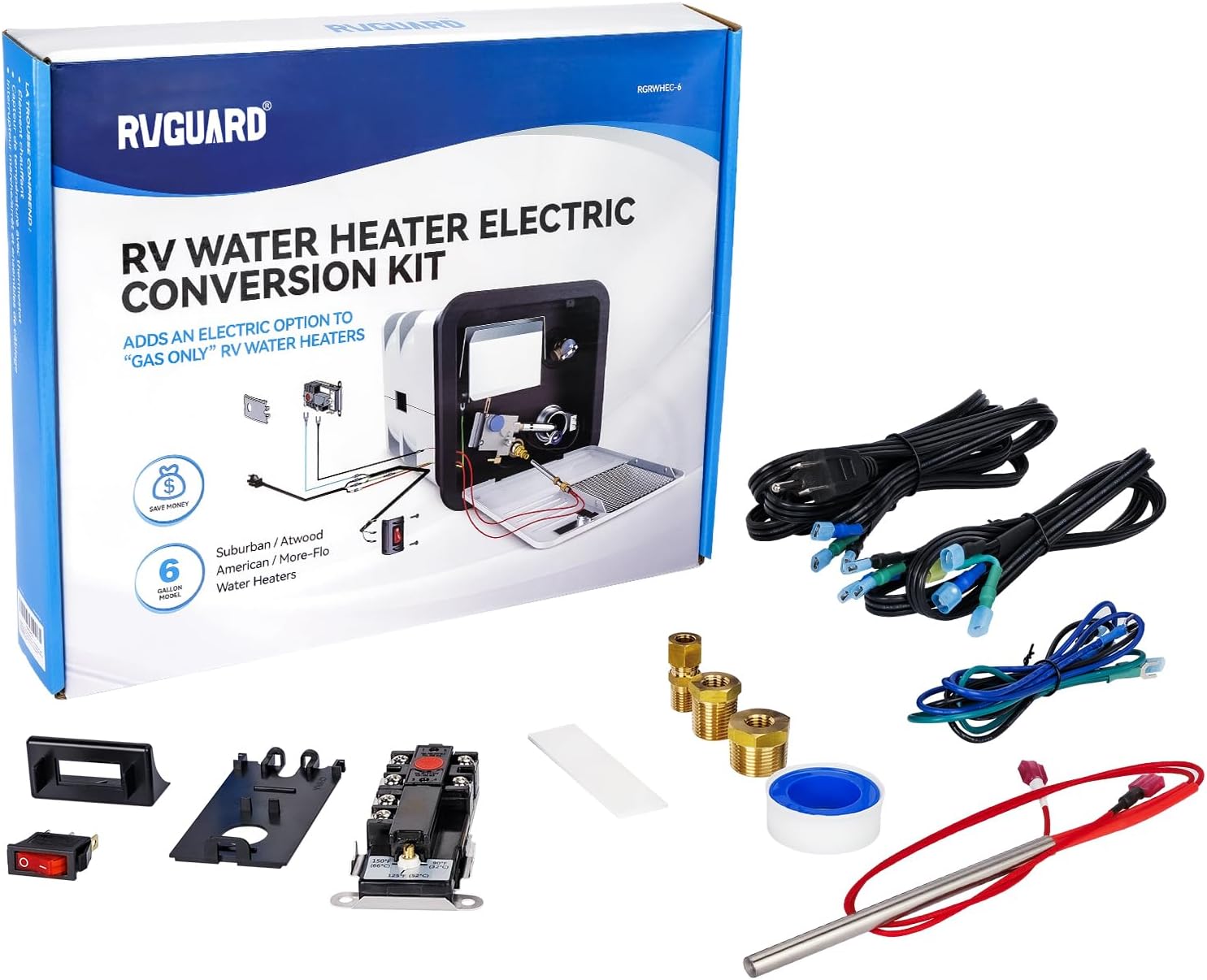 RVGUARD RV Water Heater Electric Conversion Kit, 6 Gallon, Converts RV LP Gas Water Heater to 120V Electricity, Conserve Propane, Compatible with Suburban, Atwood, American, More-Flo Water Heaters