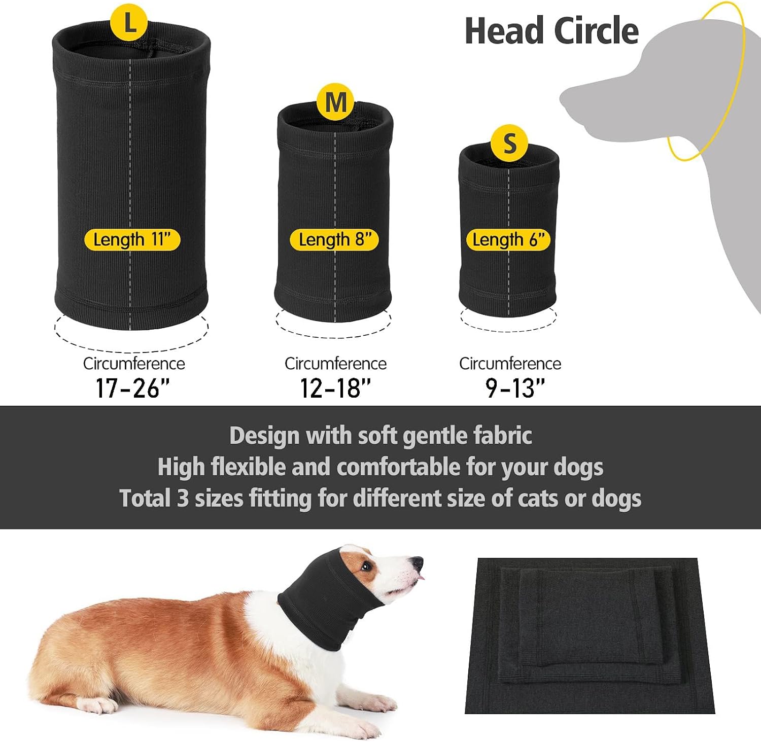 No Flap Ear Wrap for Dogs, Calming Dog Ear Cover & Noise Protection Hoodie | Black,Large | Soft polyester-cotton blend | For anxiety, grooming, bath, swim, fireworks & thunder | Calms and protects ears