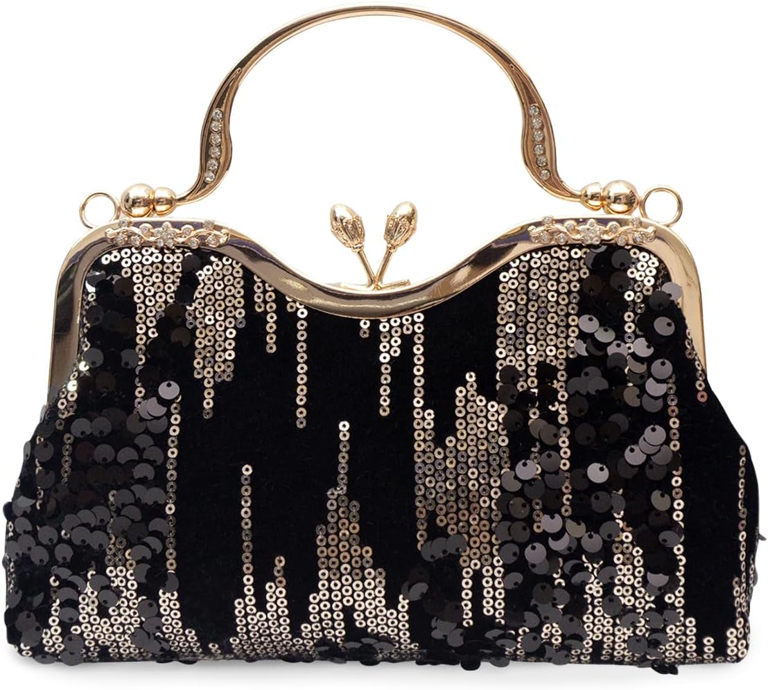 CORIOS Vintage 1920s Evening Bag for Women Velvet Clutch Bag Sparkly Sequin Handbag Bridal Wedding Purse