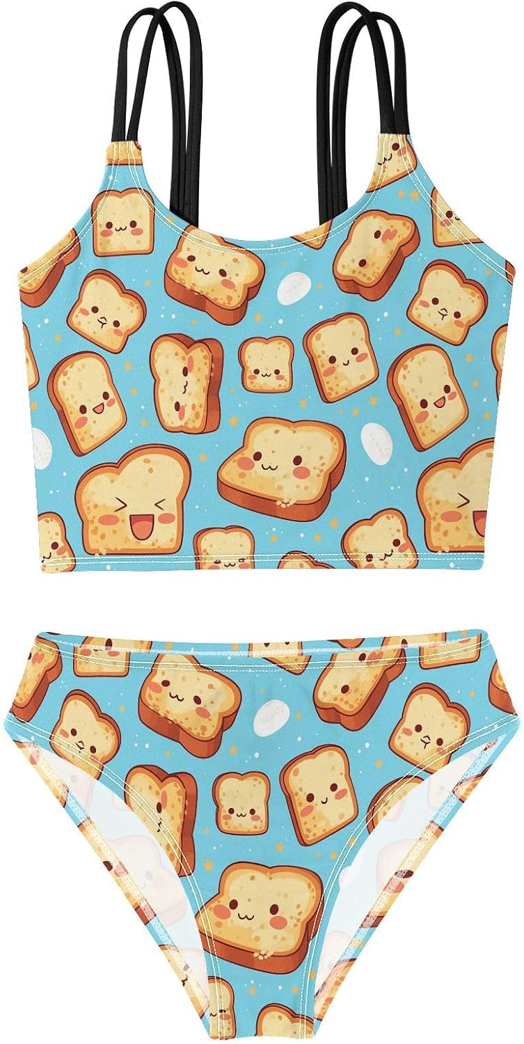 visesunny Girls Two Piece Swimsuits Funny Toast Food Girl's Bikini Sets Bathing Suits for Girls Size 5-12Y