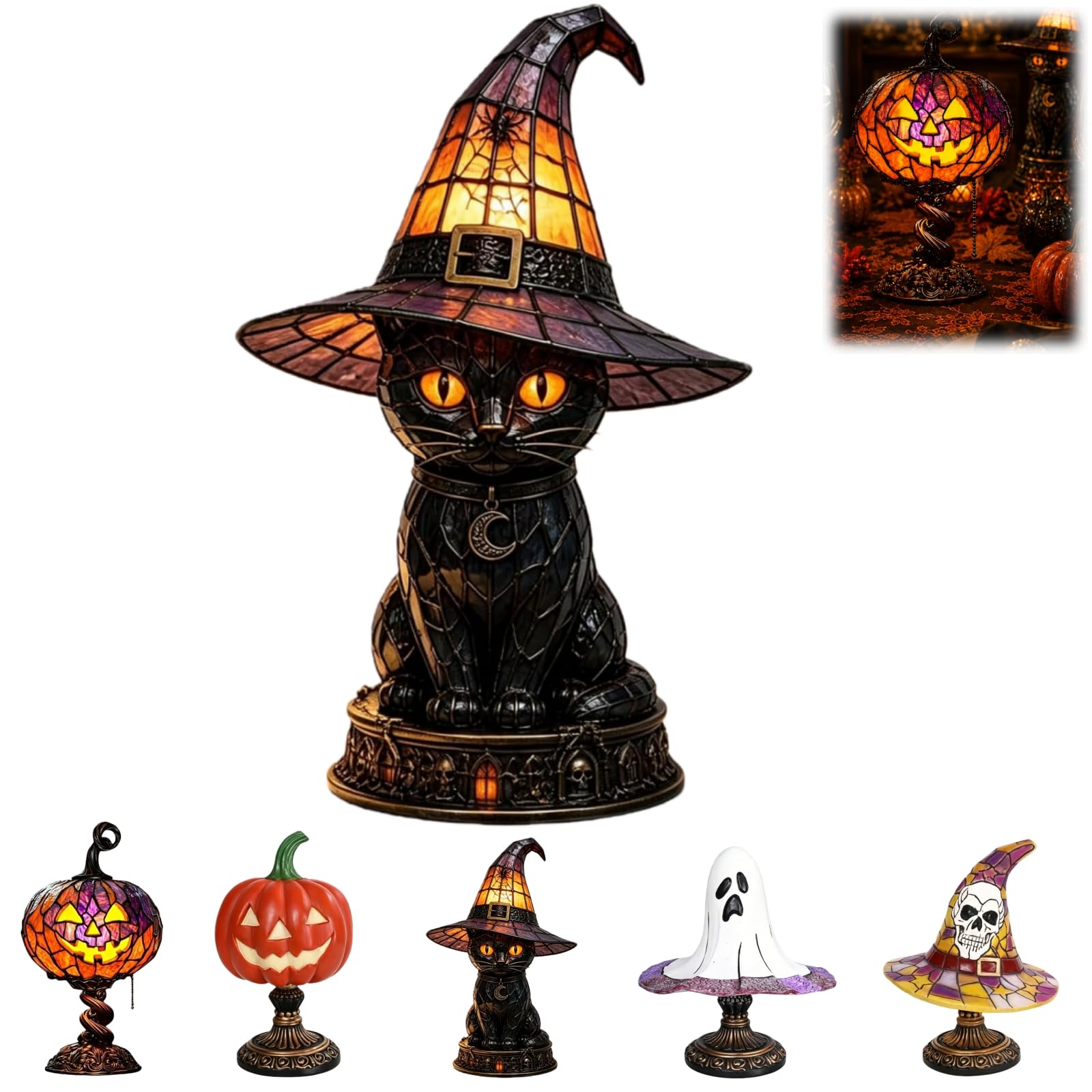 ENCOMAG Stained Glass Halloween Pumpkin Table Lamp, Jack-O-Lantern Tiffany Lamp, Vintage Resin Witch Hat Lamp Gothic Decor USB Powered Decorative Table Lamps for Halloween Home Party (Witch)