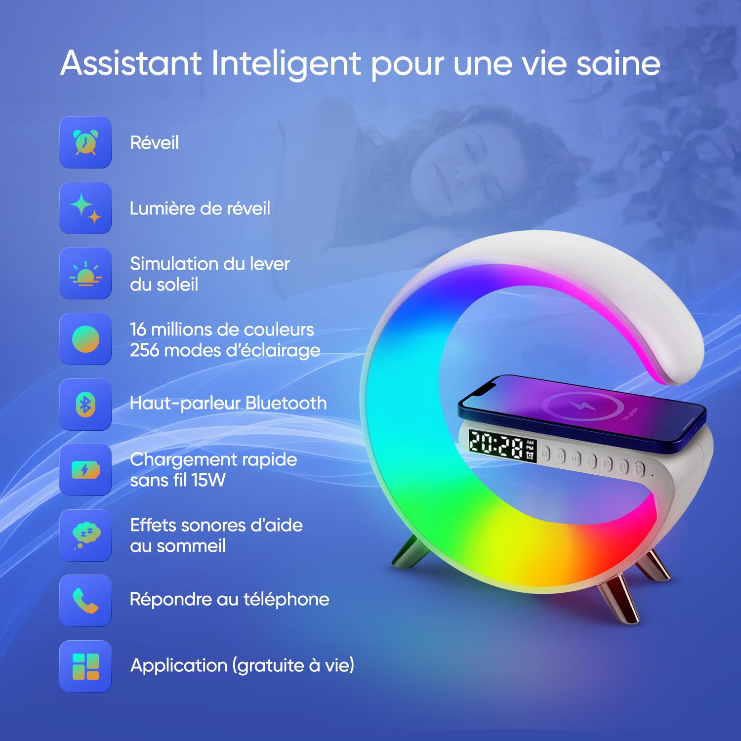 Lampe d’Ambiance 3-en-1,Réveil Lumineux,Haut-Parleur Bluetooth,Chargeur Sans Fil & Lumière LED 16M Couleurs Contrôlable par App,déale Chambre,Salon,Bureau,Cadeau de Noël Homme/Femme/Enfant