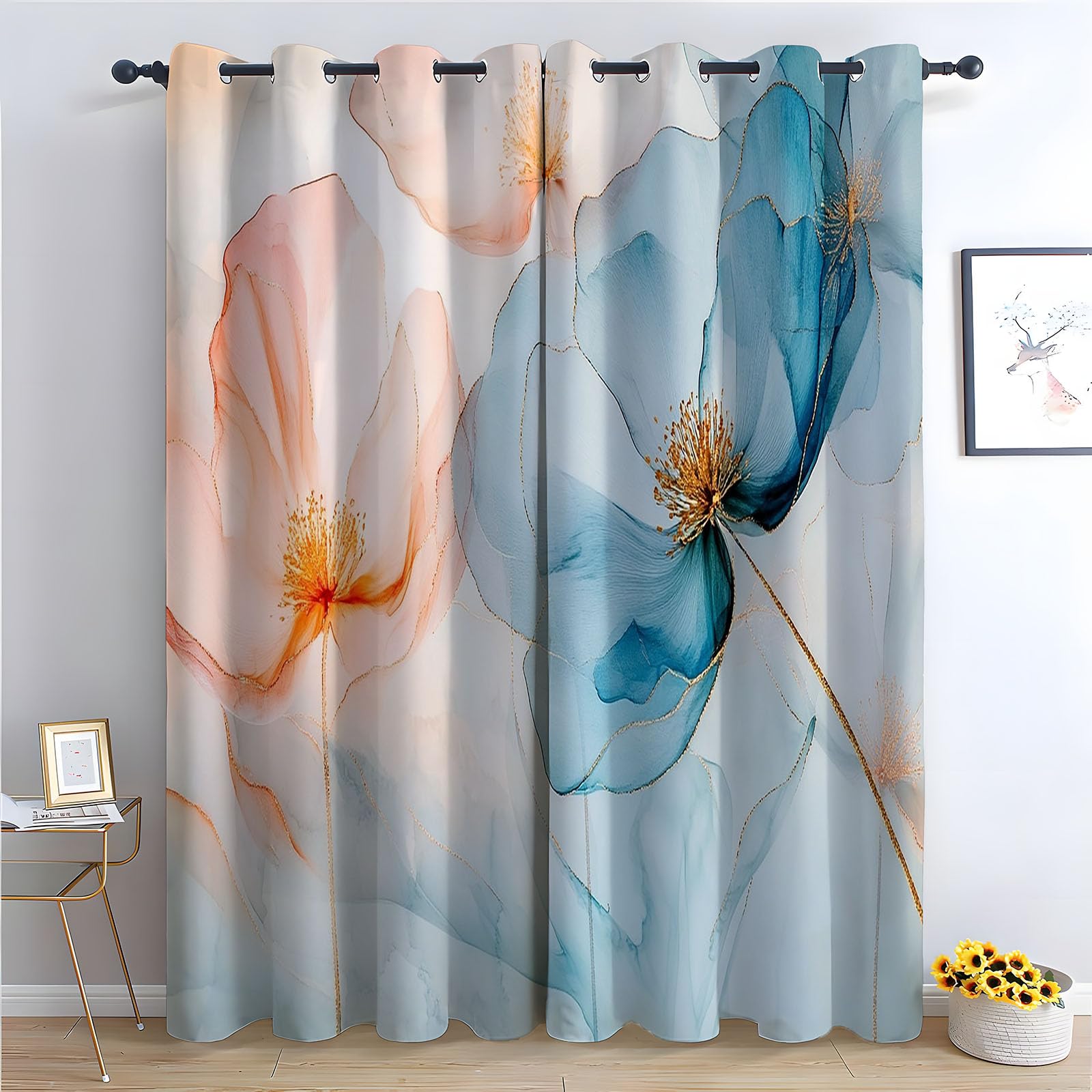 WIKEO Floral Curtains for Living Room Bedroom Abstract Vintage Floral Textured Farmhouse Curtain Leaf Printed Eyelet Rustic Drapes Window Treatment-52 W x 96" L (Pack of 2)