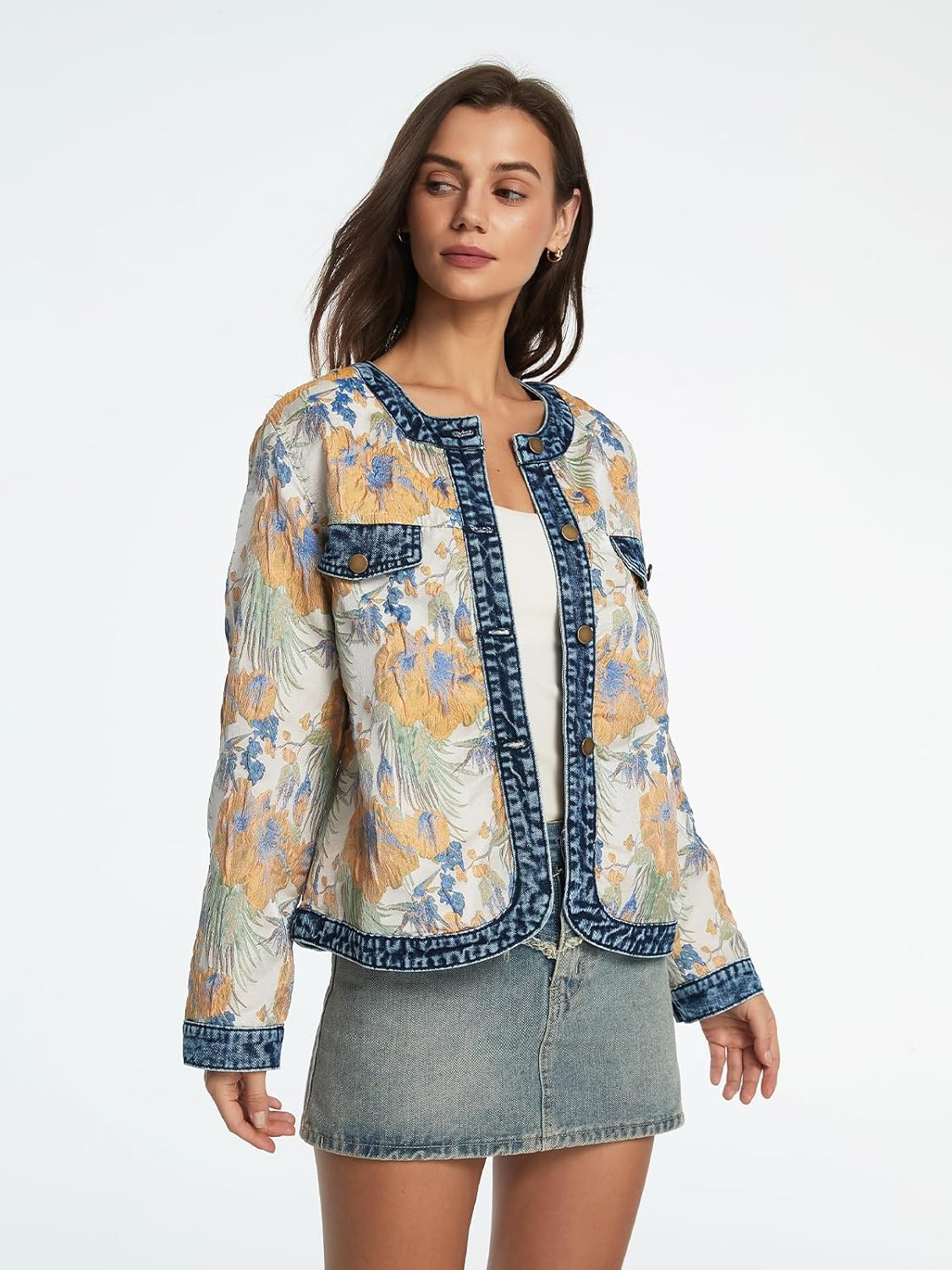 D-Sun Women's Floral Denim Jacket Long Sleeve Cropped Jacquard Jean Jacket Crewneck Button Down Casual Denim Fall Coats - Image 4