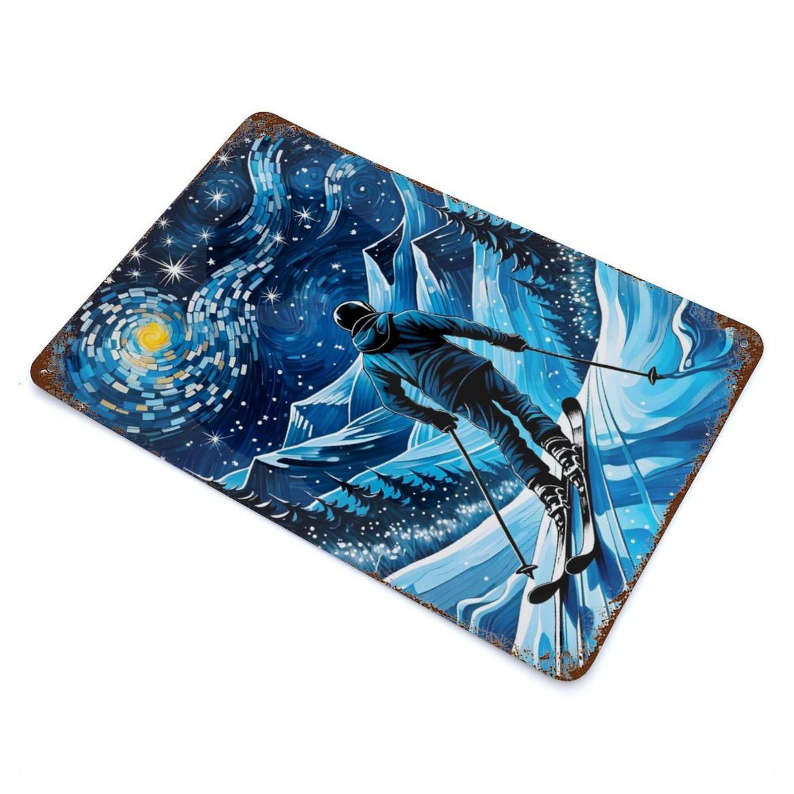 Ski Starry Night Aged Metal Wall Plaque 11.8"x7.9", Decorative Metal Wall Art for Garage, Pub Or Kitchen