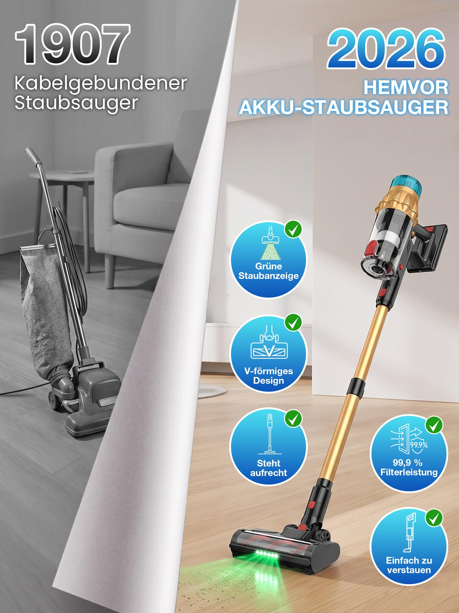 Akku Staubsauger Kabellos 650W 50KPA mit V-Anti-Tangle Bürste