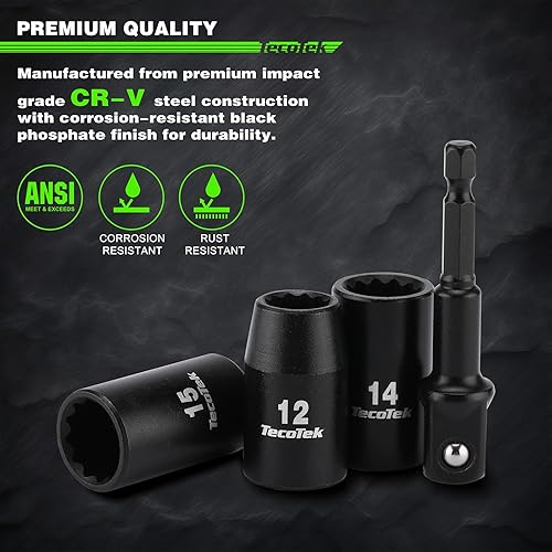 Miniatura 3 de Juego de llaves de vaso métricas de impacto de 12 puntos, 12 pulgadas, 15 piezas, Cr-V, 0.433 in a 1.260 in, adaptador de enchufe de taladro de 12