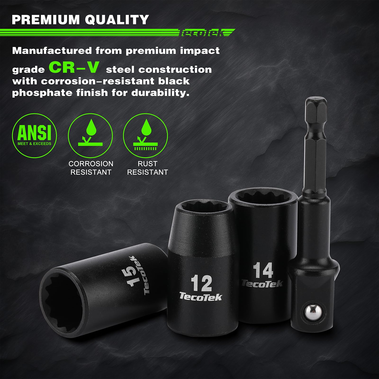 TecoTek Juego de 15 llaves de vaso de impacto métricas de 12 puntos de 1/2 pulgada, Cr-V, 11 mm a 32 mm, adaptador de enchufe de taladro de 1/2 pulgada, Herramientas