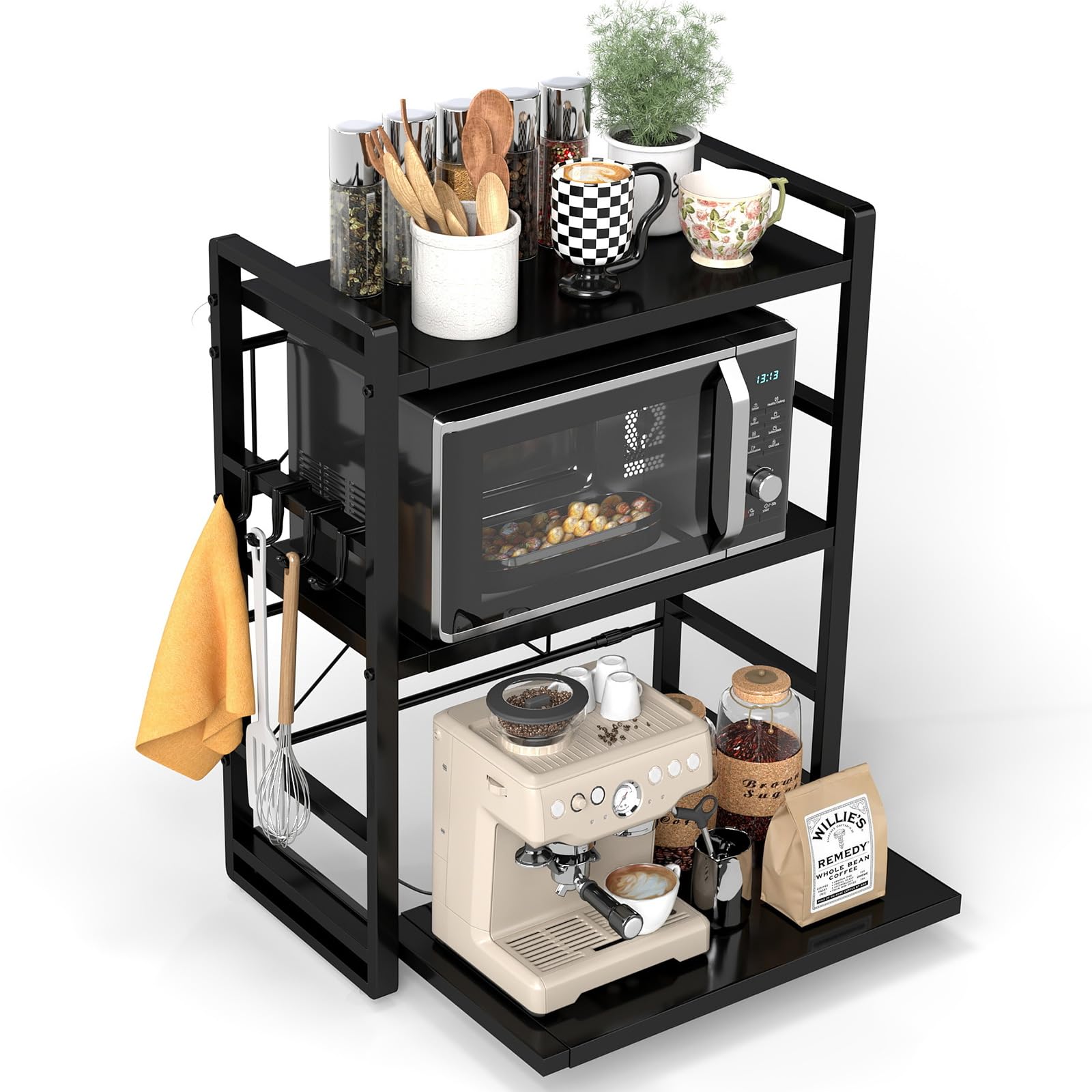3 Door Microwave Shelf Adjustable Height Extendable with Drawer Carbon Steel Includes Hooks and Suction Cups, Bakery Rack (Black)