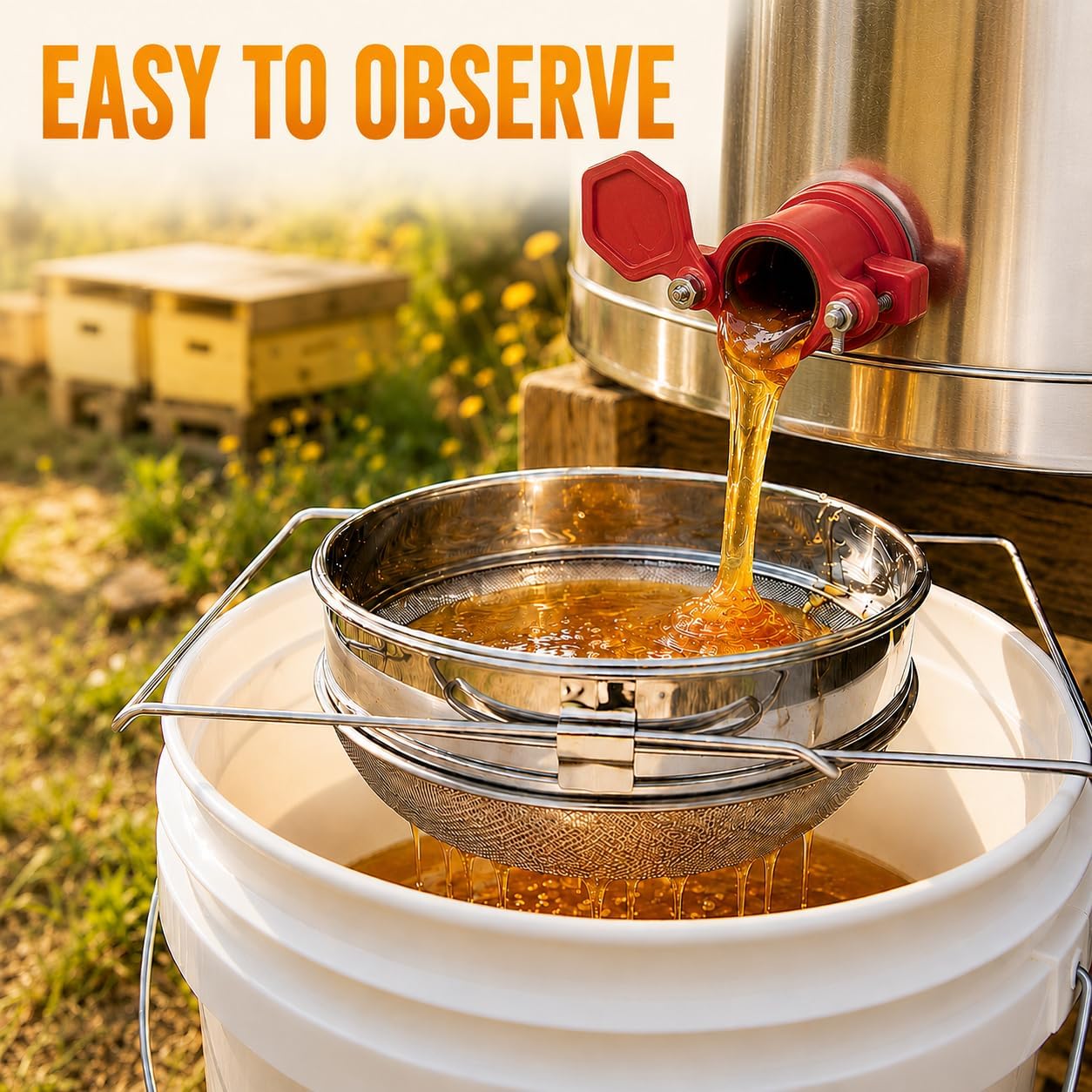 ZONSUSE Passoire à Miel en Acier Inoxydable, Filtre à Double Tamis, Outils D'extraction D'abeilles avec Poignées Réglables, Équipement D'apiculture, Extraction de Miel, Idéal pour les Apiculteurs