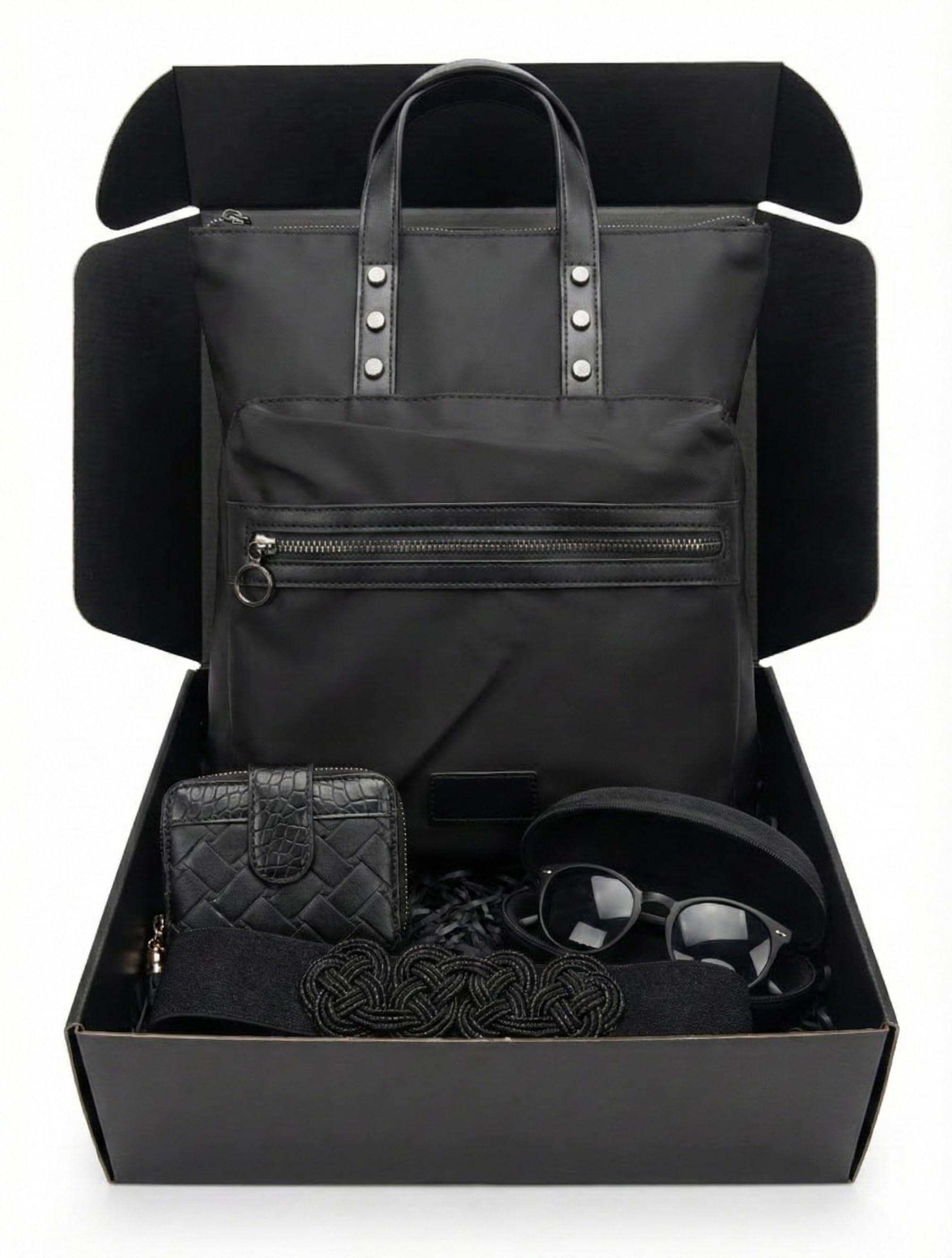 Aqua Gift Caja de regalo con set de cartera monedero, bolso, cinturón y gafas de sol con funda rigida, conjunto de vestir elegante para mujer.