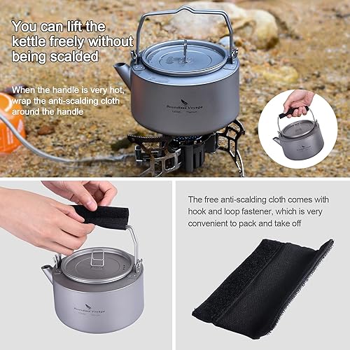 Miniatura 5 de Boundless Voyage Hervidor de titanio con mango plegable y filtro Tetera ultraligera para acampar al aire libre Cafetera para hervir agua, café, té