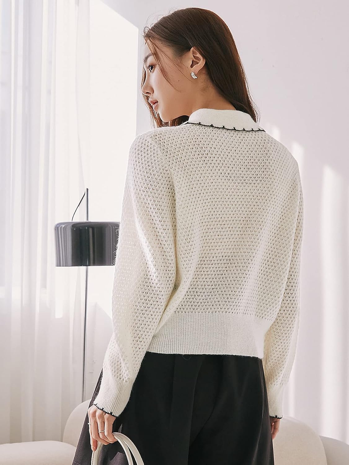 Women's Sweater Contrast Trim Polo Neck Sweater Sweater for Women (Size : Medium)