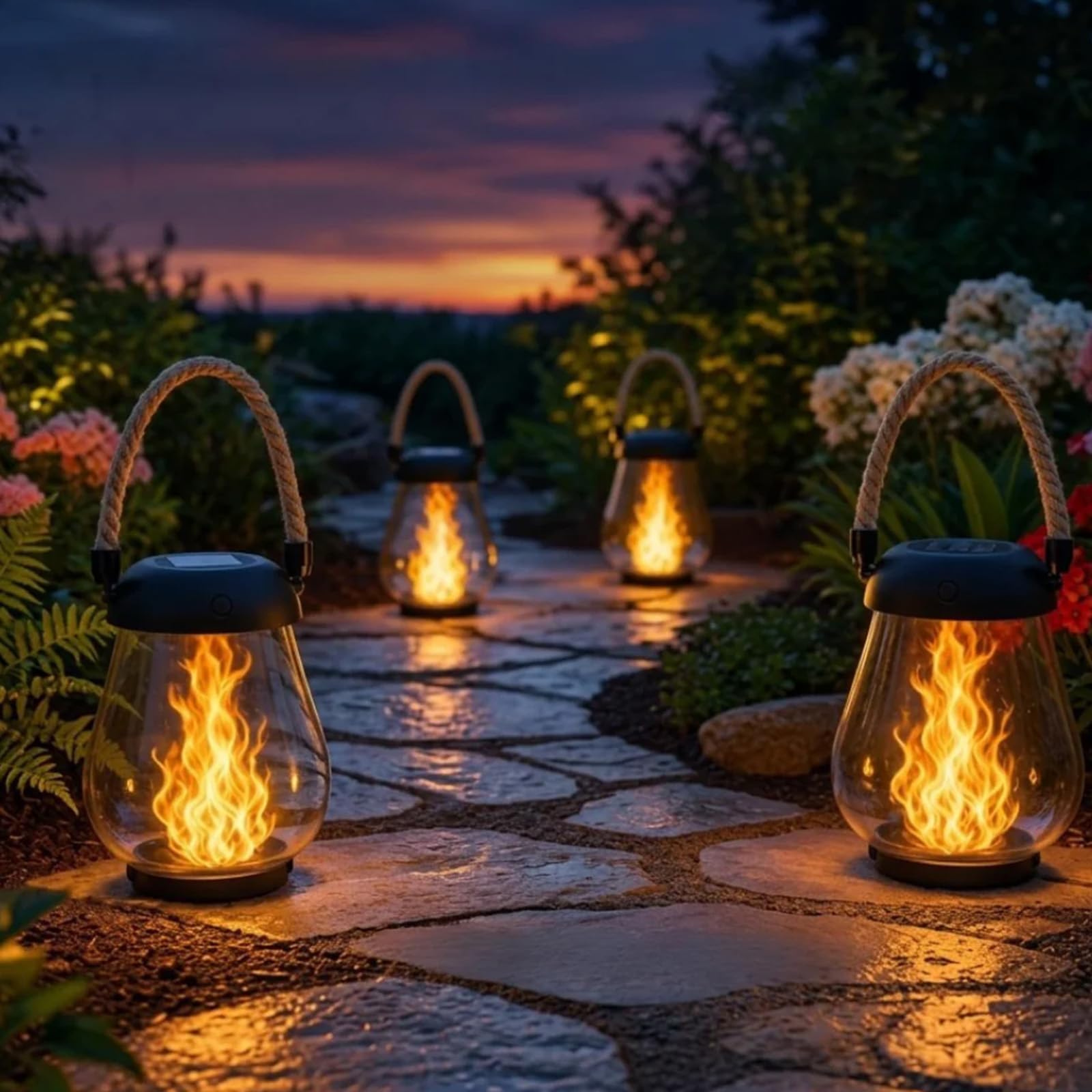 Klynero Solar Laterne mit Flammeneffekt Groß, Klynero Solar Laterne Outdoor IP65, Gartenlaterne mit 3 Lichtmodi, USB-C Ladeoption, Dekorative Solarlampe für Garten, Terrasse (Schwarz, 2pcs)