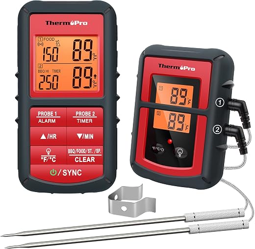 ThermoPro TP08C digitales Küchenthermometer Funk Fleischthermometer mit 2 Fühlern Kochthermometer Ofenthermometer Küchenuhr für BBQ Kochen Grill Ofen