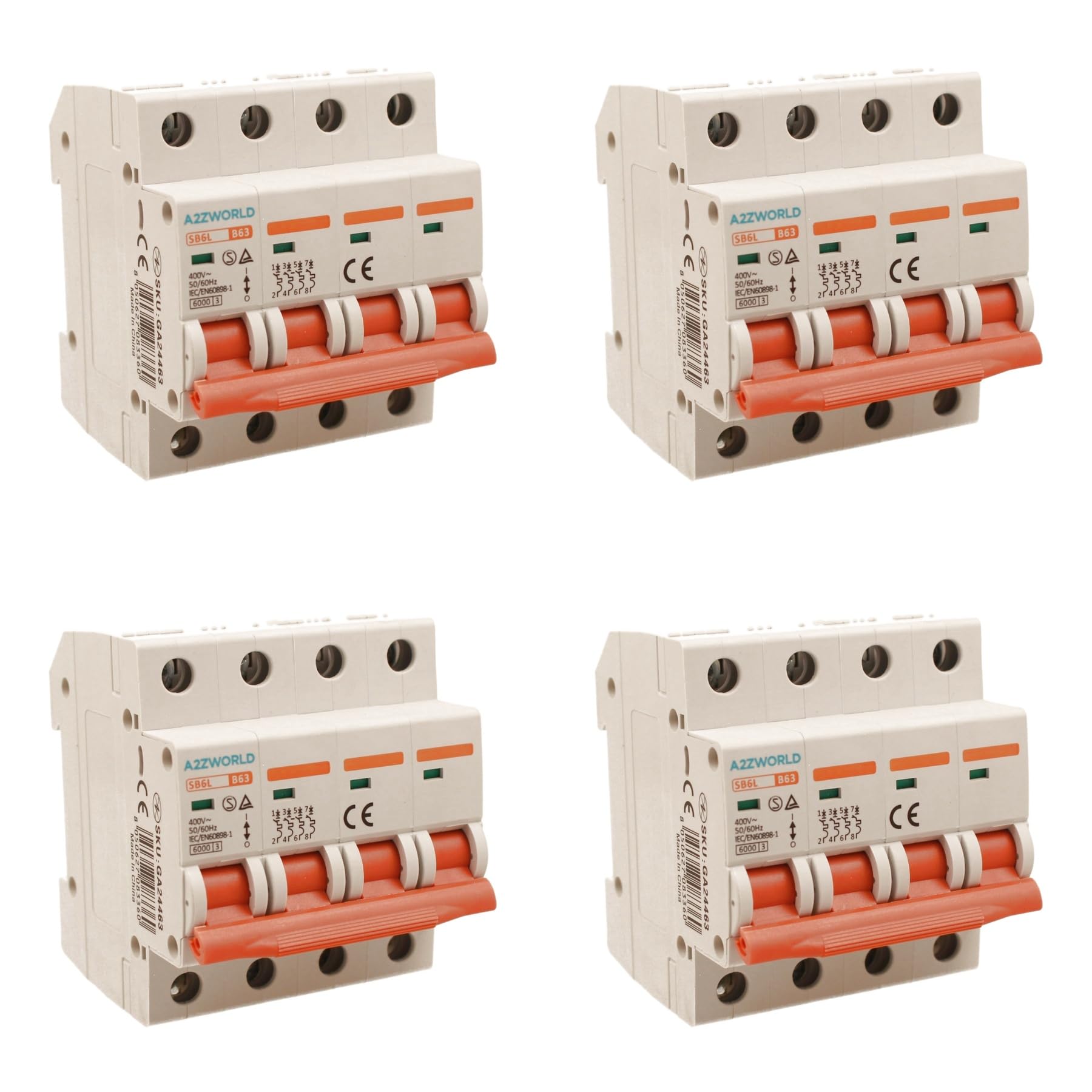 4 Stück Leitungsschutzschalter 63 A, MCB dreiphasig Kurve B 4P 6 KA, 380 V, 4 DIN-Modul